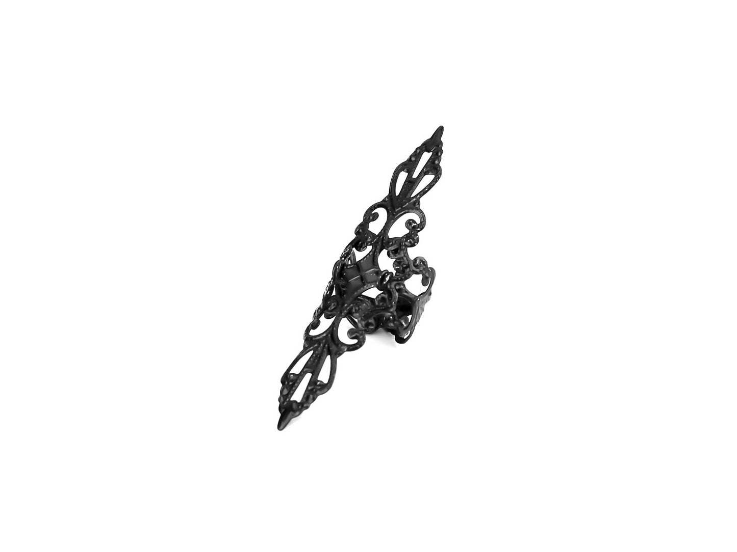Intricate gothic filigree design adds an elegant touch to this black armor ring, making it a bold choice for gothic or avant-garde jewelry.