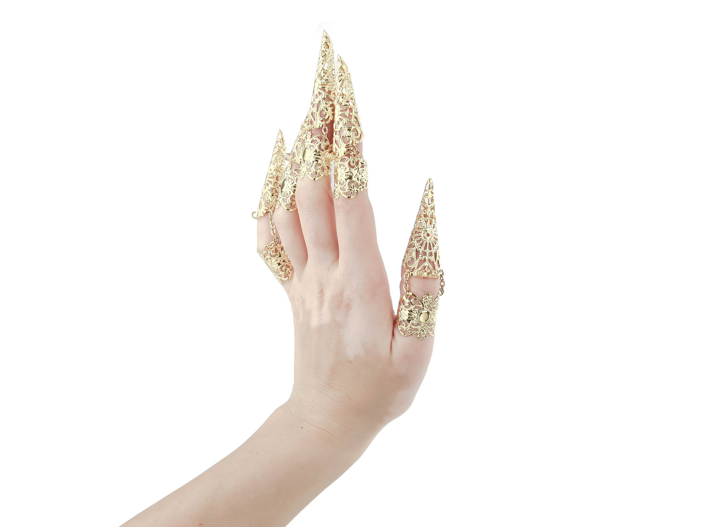 Dive into the avant-garde world of Myril Jewels with this full hand set of gold midi rings, each piece crafted to resemble elegant claws. These neo-gothic rings in gold, perfect for gothic and alternative fashion lovers, are a bold expression of dark-avantgarde style. With a design that’s both whimsigoth and witchcore, they're suited for everyday wear or as a dramatic addition to Halloween, rave party, or festival attire