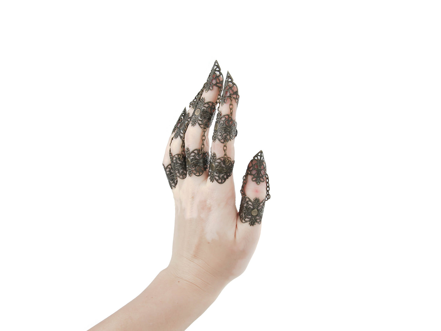 Dramatic full finger bronze claw ring set from Myril Jewels, with ornate filigree details perfect for neo-goth style lovers. These striking pieces add a bold statement to any Halloween or festival look, ideal for those who embrace witchcore, minimal goth, and gothic-chic aesthetics for everyday wear or as a unique gift