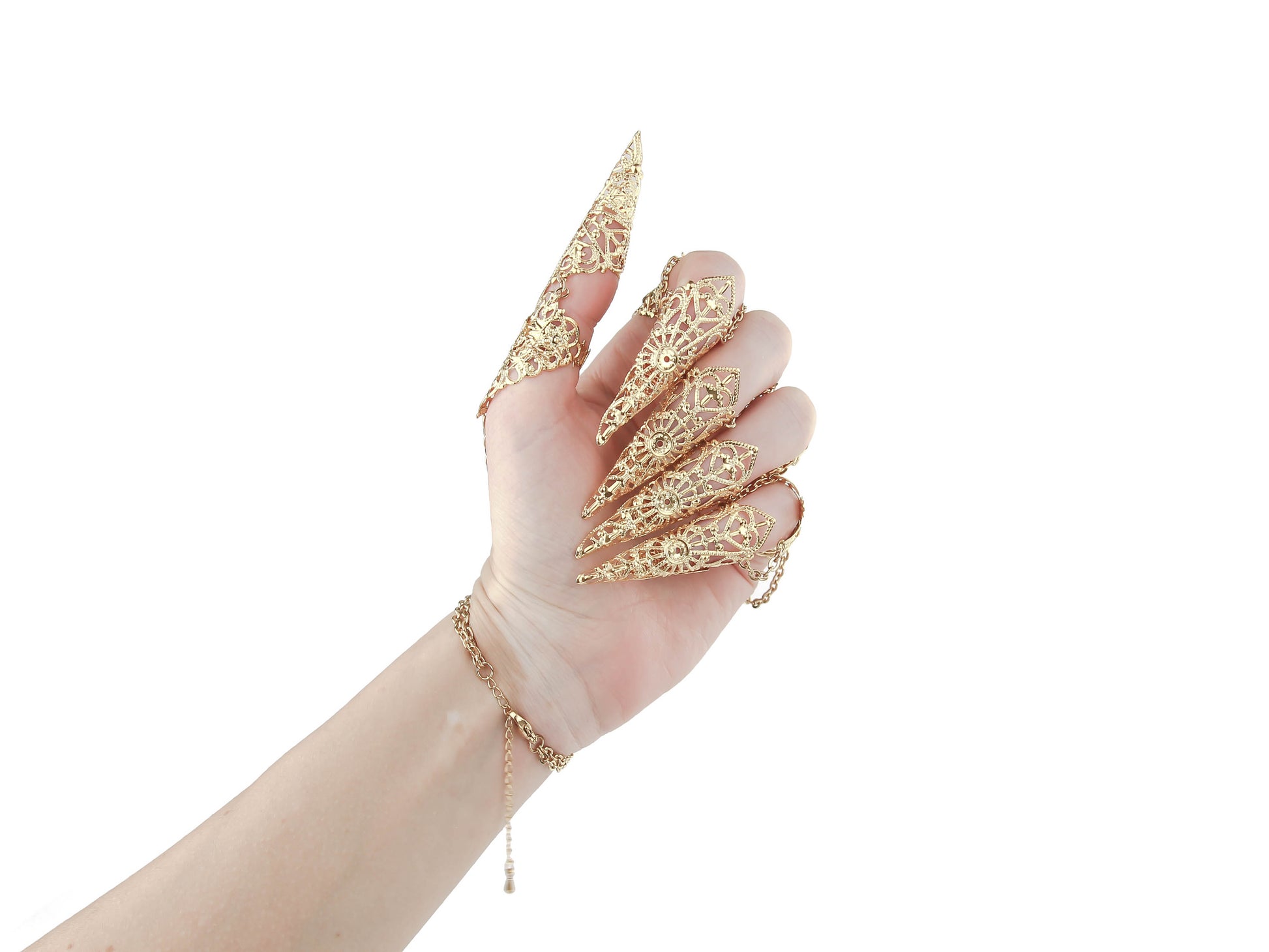 A striking metal glove adorned with gold finger claw rings from Myril Jewels, epitomizing dark, avant-garde style. Perfect for gothic and alternative fashion enthusiasts, ideal for making a bold statement at Halloween events, rave parties, or as an edgy everyday accessory.