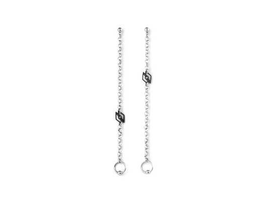 Elegant Myril Jewels long chain earrings with signature black logo, perfect for a neo-gothic look. A versatile addition to Halloween, punk, or everyday gothic-chic attire.