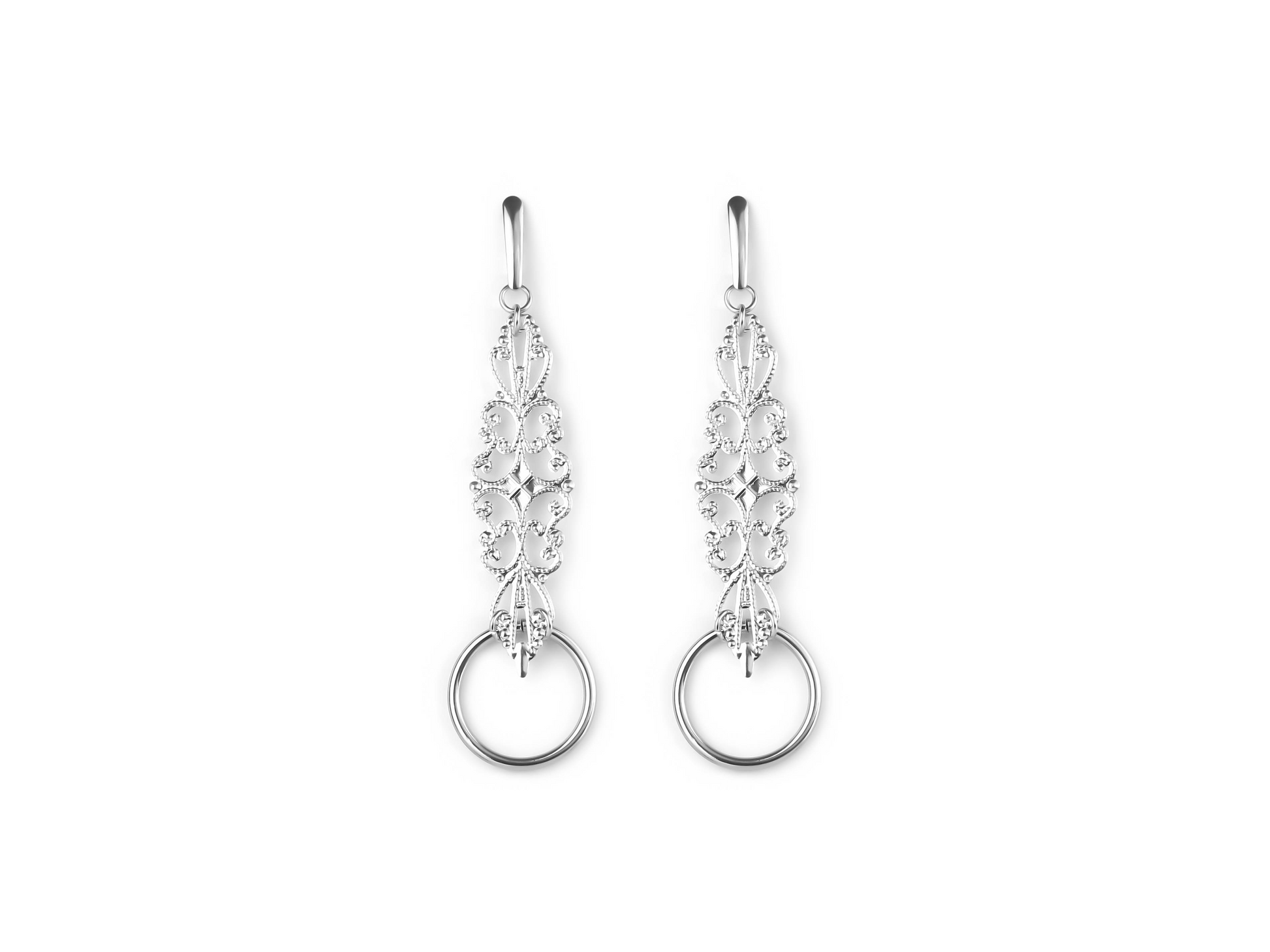 Myril Jewels presents a captivating pair of filigree-shaped earrings with an O-ring detail, embodying a sophisticated neo-gothic aesthetic. Ideal for those seeking gothic-chic or punk jewelry accents for their wardrobe