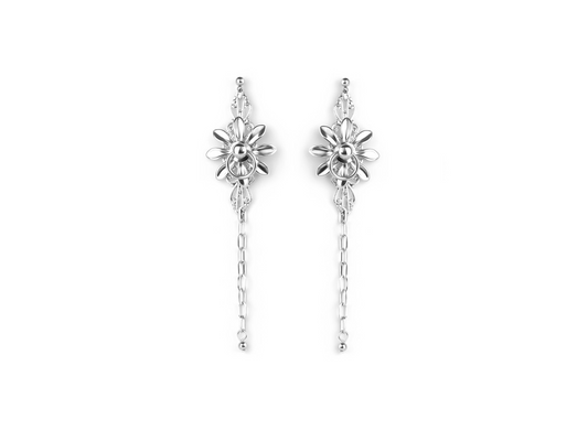 Neo-gothic Myril Jewels earrings, featuring a floral motif and delicate hanging chains, perfect for adding a dark-avantgarde touch to gothic-chic ensembles.