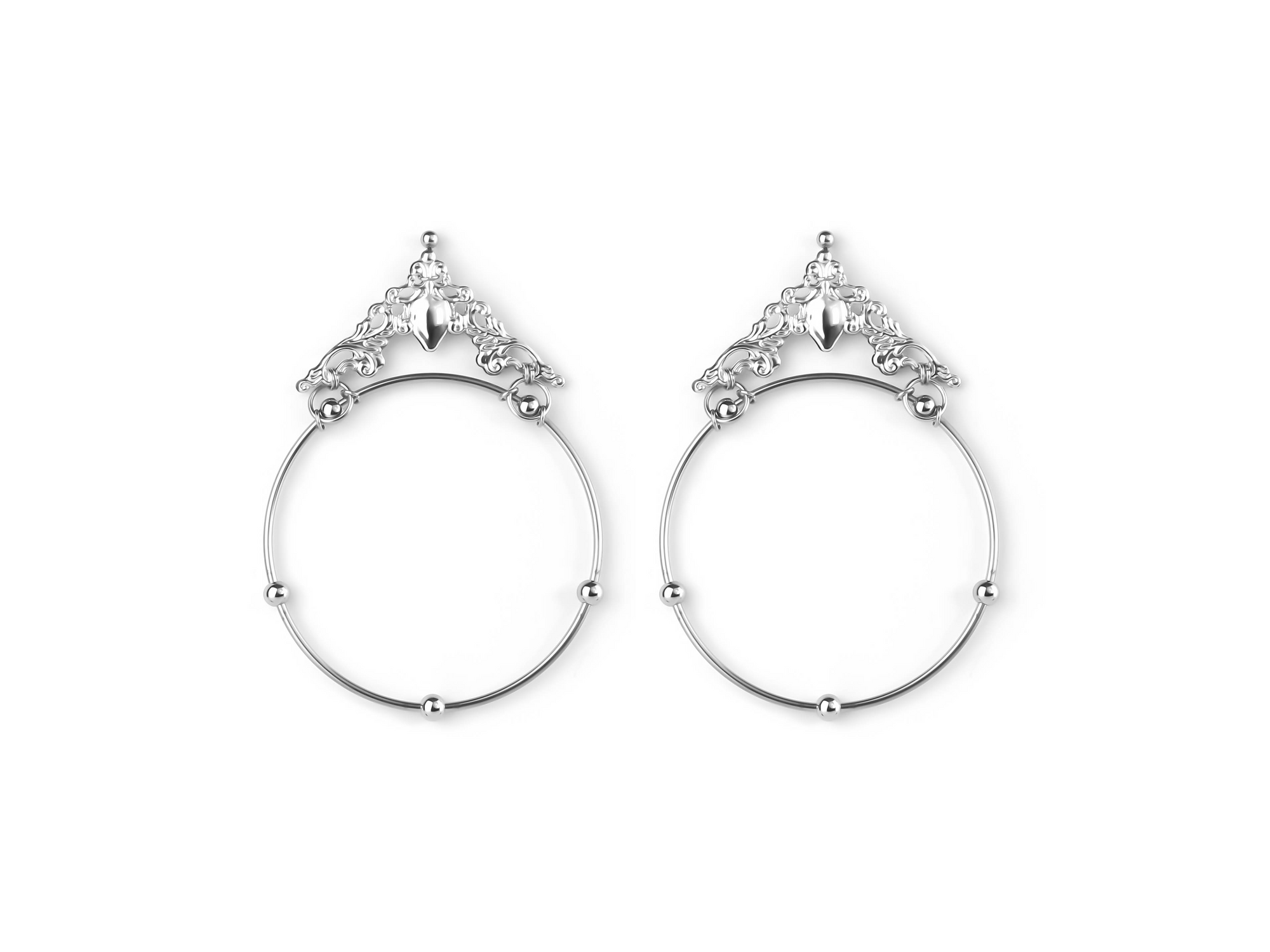 Bold and wide hoop earrings from Myril Jewels, featuring intricate gothic motifs, perfect for a statement piece in neo-gothic fashion. Ideal as a goth girlfriend gift or a unique addition to a dark-avantgarde jewelry collection