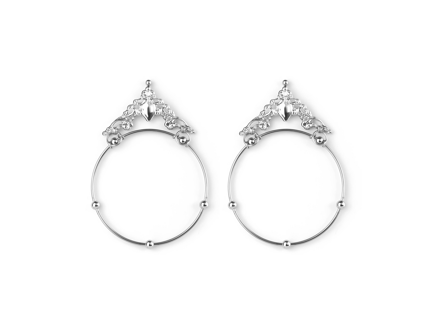 Bold and wide hoop earrings from Myril Jewels, featuring intricate gothic motifs, perfect for a statement piece in neo-gothic fashion. Ideal as a goth girlfriend gift or a unique addition to a dark-avantgarde jewelry collection
