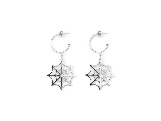 Discover the allure of dark elegance with Myril Jewels' half hoop spiderweb earrings, a quintessential piece for the neo-gothic connoisseur. These meticulously crafted, stainless steel silver earrings embody the essence of gothic-chic, perfect for Halloween adornment or as a statement piece for everyday wear. Their intricate web design exudes a minimal goth aesthetic, making them a versatile accessory for any festival, rave, or witchcore-inspired ensemble.