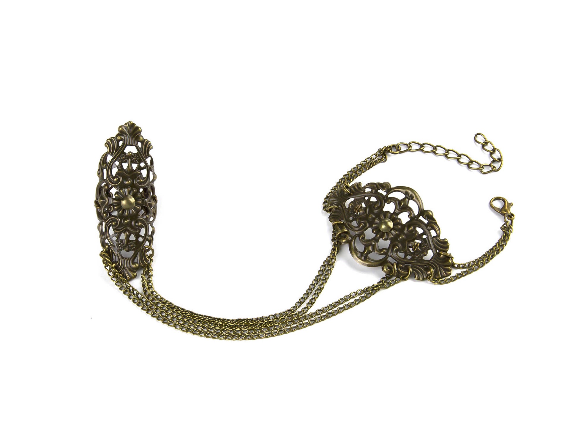 Sophisticated bronze hand chain bracelet featuring ornate gothic details, perfect for elevating gothic fashion or making a statement in dark avant-garde jewelry collections.