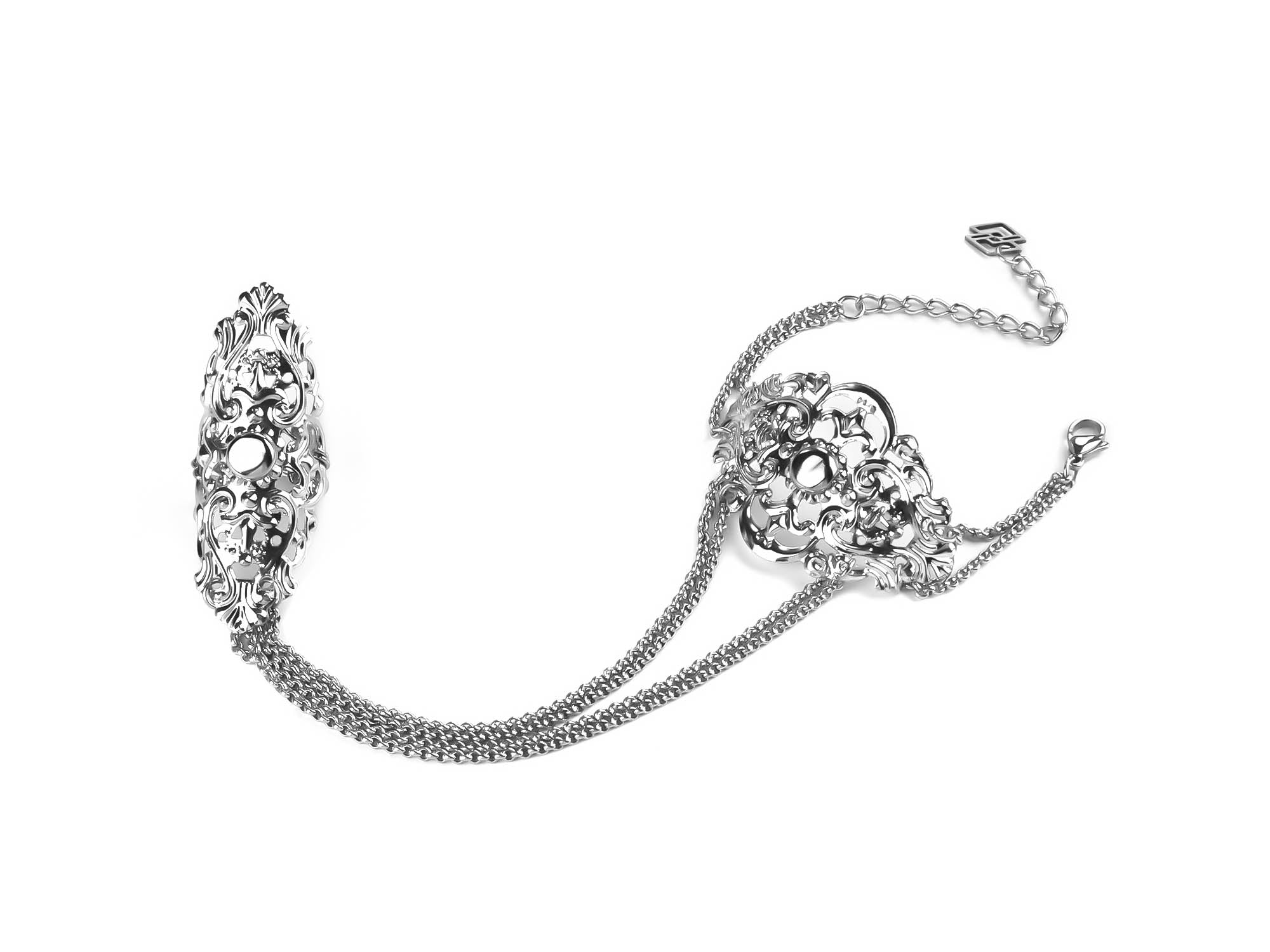 Intricately designed silver full finger ring, exhibiting a gothic aesthetic with articulated sections for mobility. Perfect for a gothic wedding, it aligns with witchy jewellery trends and adds a dark elegance to any goth outfit. Ideal for those who adore gothic beauty and dark, avant-garde Italian jewels. This piece encapsulates a contemporary gothic style, making it a unique addition to a goth grunge look or as an edgy Valentine's necklace alternative.