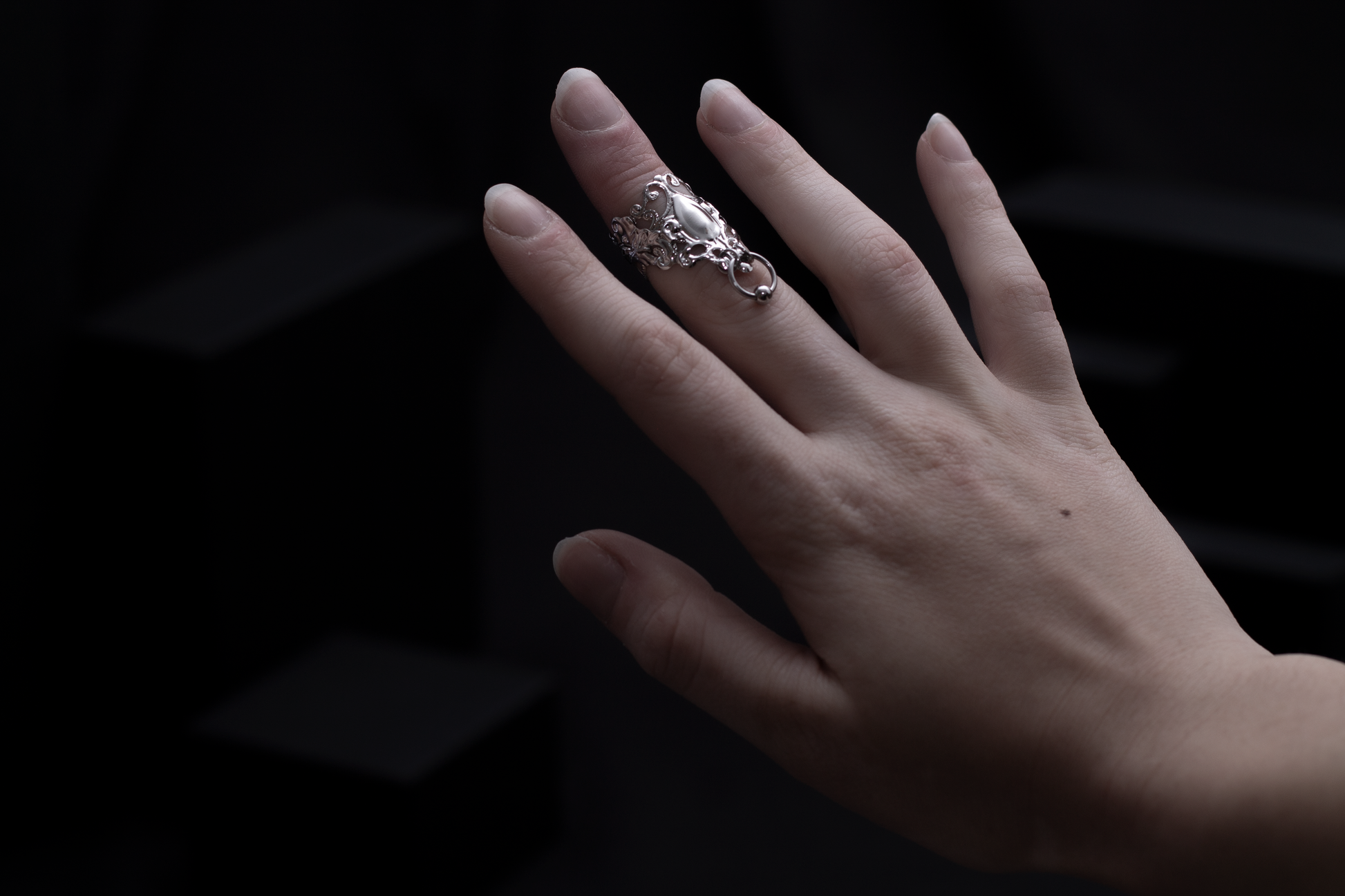 Myril Jewels presents a sophisticated midi ring, embodying neo-gothic charm with its delicate filigree and bold design. This piece, perfect for gothic-chic and whimsigoth enthusiasts, adds an enigmatic touch to everyday wear and is an ideal goth girlfriend gift or a unique find for festival jewelry collectors.