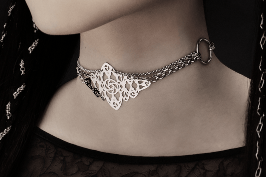 Striking Myril Jewels Stainless Steel choker with gothic architectural inspiration, perfect for the neo-gothic enthusiast. Ideal as bold statement jewelry for festivals or as a unique goth girlfriend gift