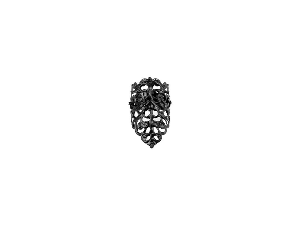 Presenting Myril Jewels' goth midi ring, a masterful expression of dark-avantgarde artistry. This neo-gothic jewel showcases an elaborate, blackened metalwork with an openwork pattern that mimics the intricate beauty of natural forms. Its bold yet intricate design captures the essence of gothic-chic, making it an ideal accessory for those drawn to the enigmatic world of whimsigoth and witchcore. Designed for everyday wear, this midi ring is also perfect for accenting Halloween costumes