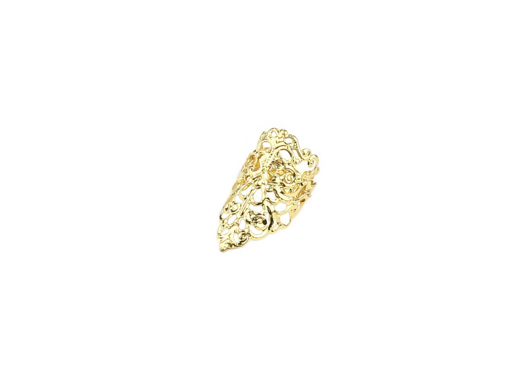 Featured is a Myril Jewels goth midi ring, showcasing dark-avantgarde artistry ideal for the neo-gothic enthusiast. The meticulously crafted, gold metal forms an intricate, hollowed-out pattern reminiscent of Gothic architecture and natural forms. This piece epitomizes Halloween elegance and punk subtlety, perfect for those drawn to witchcore or whimsigoth styles. It's a versatile jewel designed for everyday wear, and a standout choice for rave party adornment or as a festival jewel signature piece