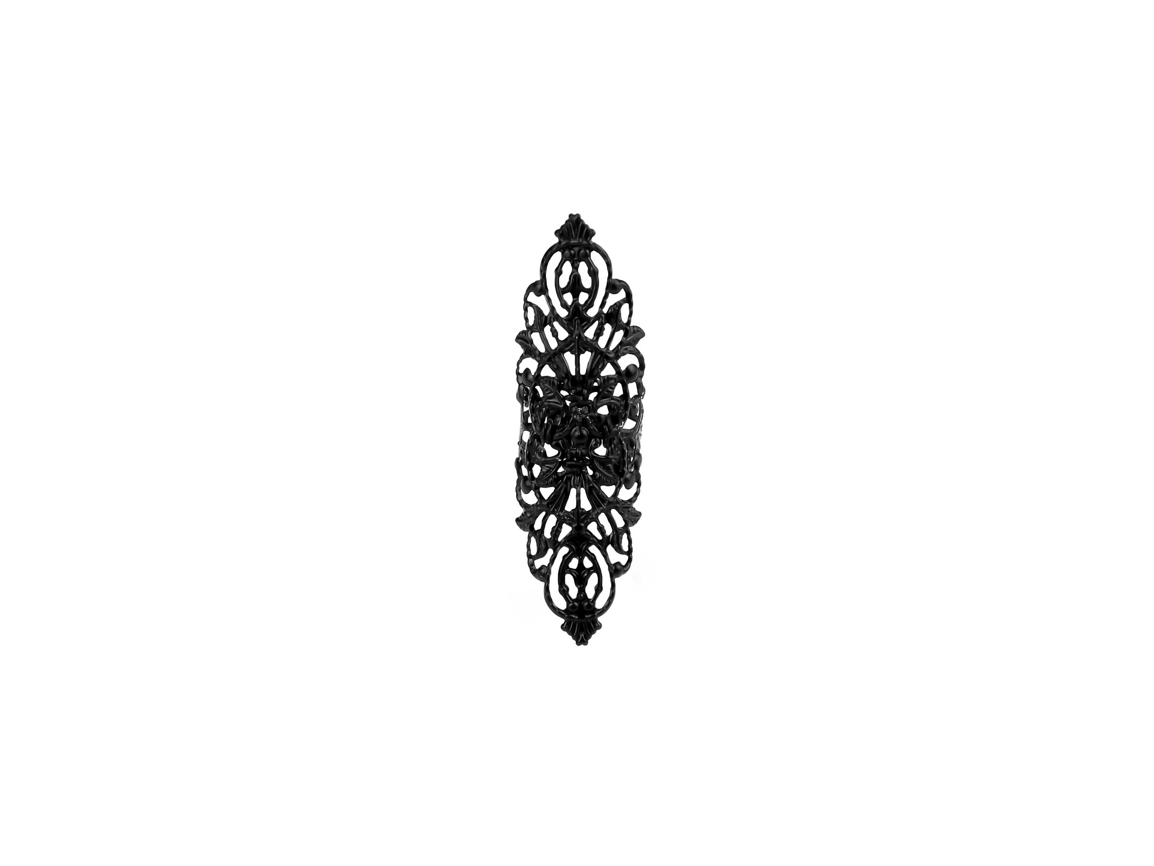 Embrace the neo-gothic elegance with this wide black gothic ring from Myril Jewels, ideal for those who fancy dark, whimsical styles. This statement piece is perfect for daily wear, festival attire, or as a distinctive goth girlfriend gift, capturing the essence of Halloween and punk jewelry with a minimalist touch.
