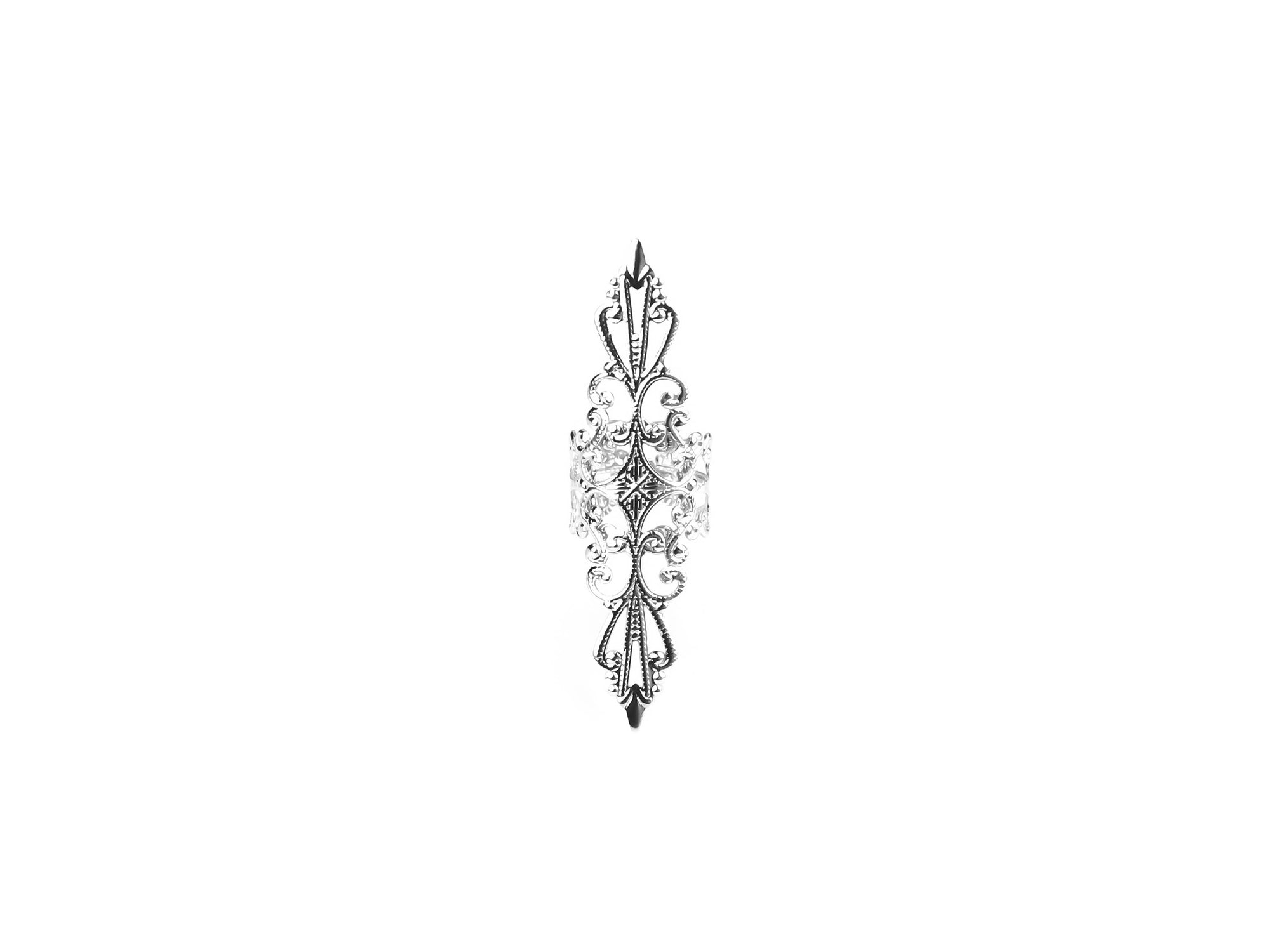 Exquisite silver full-finger armor ring featuring intricate gothic filigree detailing, perfect for a bold statement in goth fashion and avant-garde jewelry collections.