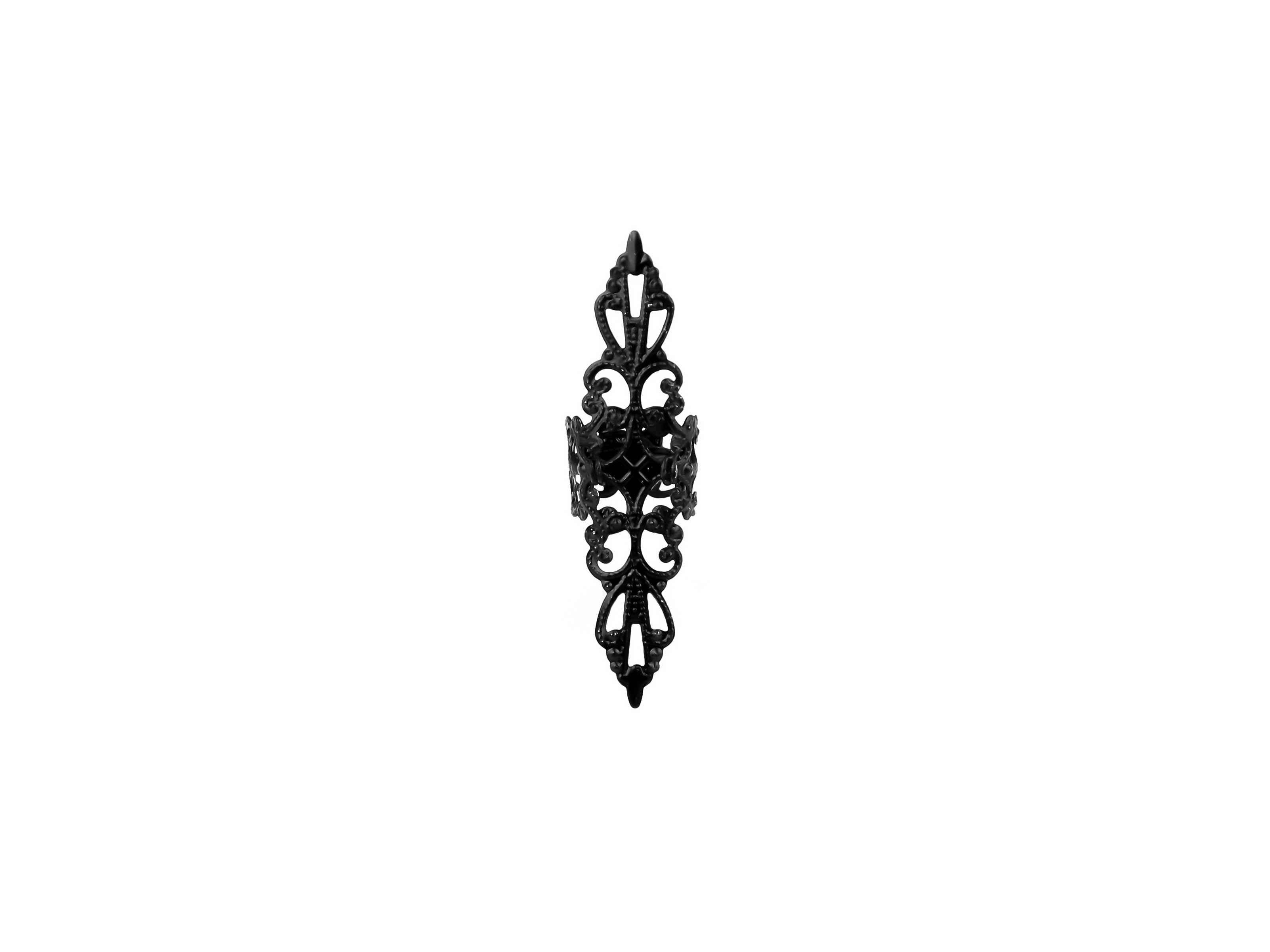 Intricate gothic filigree design adds an elegant touch to this black armor ring, making it a bold choice for gothic or avant-garde jewelry.
