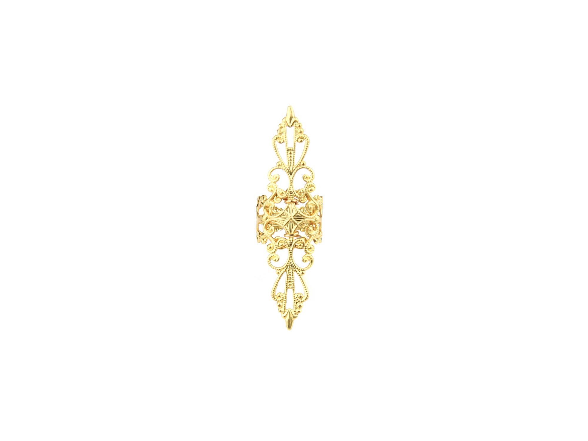 A dazzling gold armor ring adorned with an elaborate gothic filigree pattern, ideal for those who love bold and avant-garde accessories.