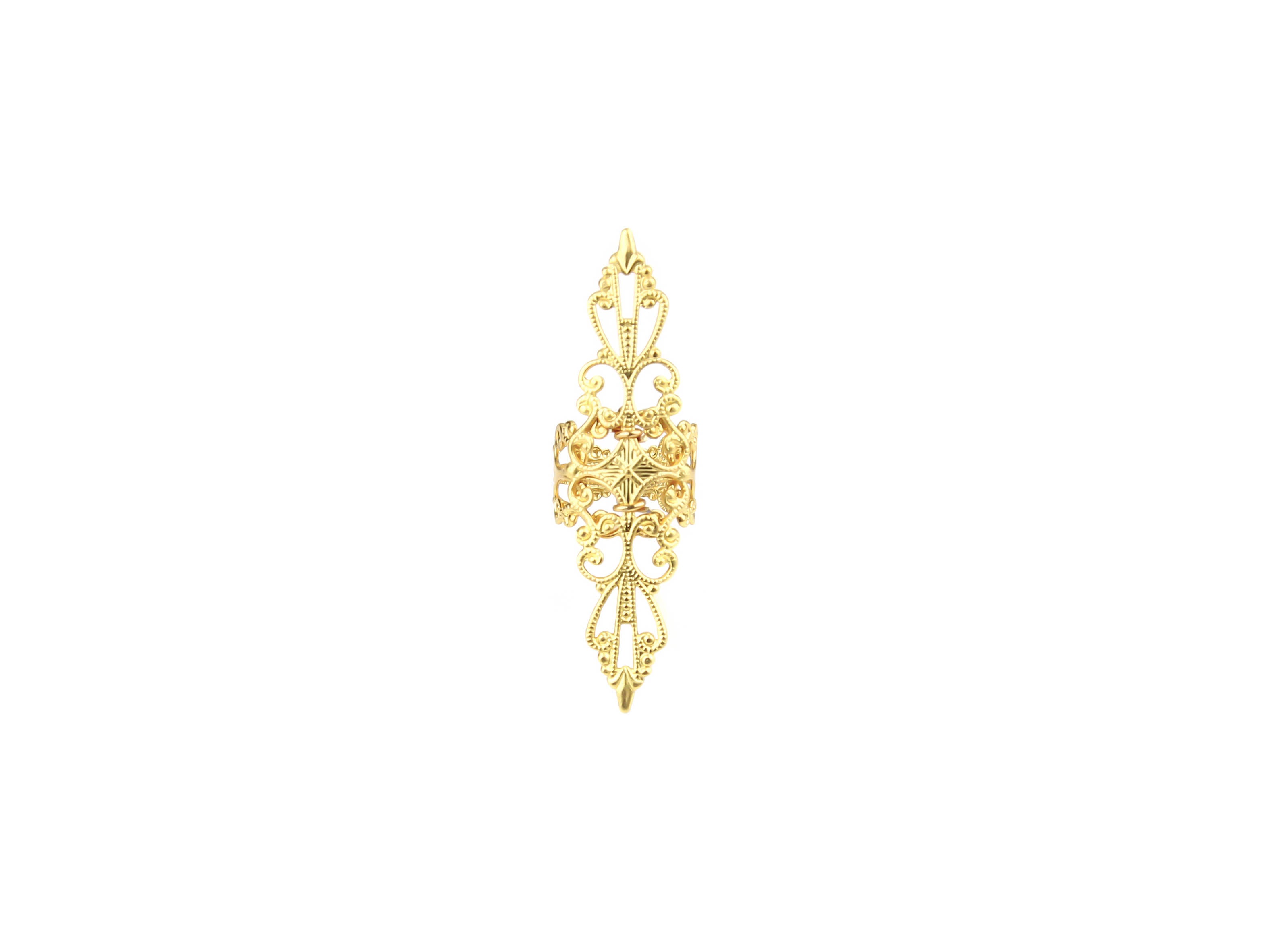 A dazzling gold armor ring adorned with an elaborate gothic filigree pattern, ideal for those who love bold and avant-garde accessories.