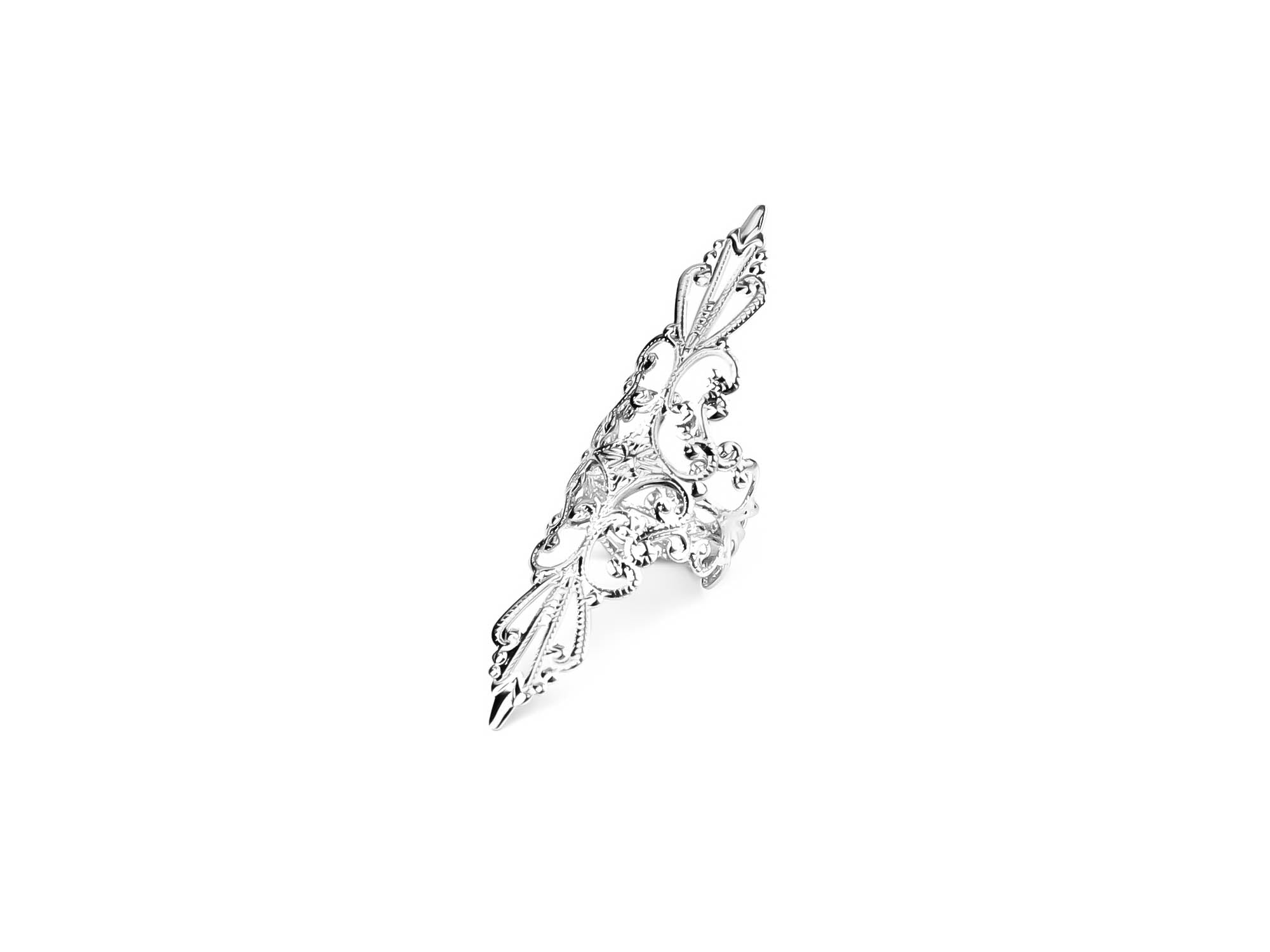 Elegant silver full-finger ring featuring intricate gothic filigree design, perfect for a bold gothic or avant-garde jewelry statement.