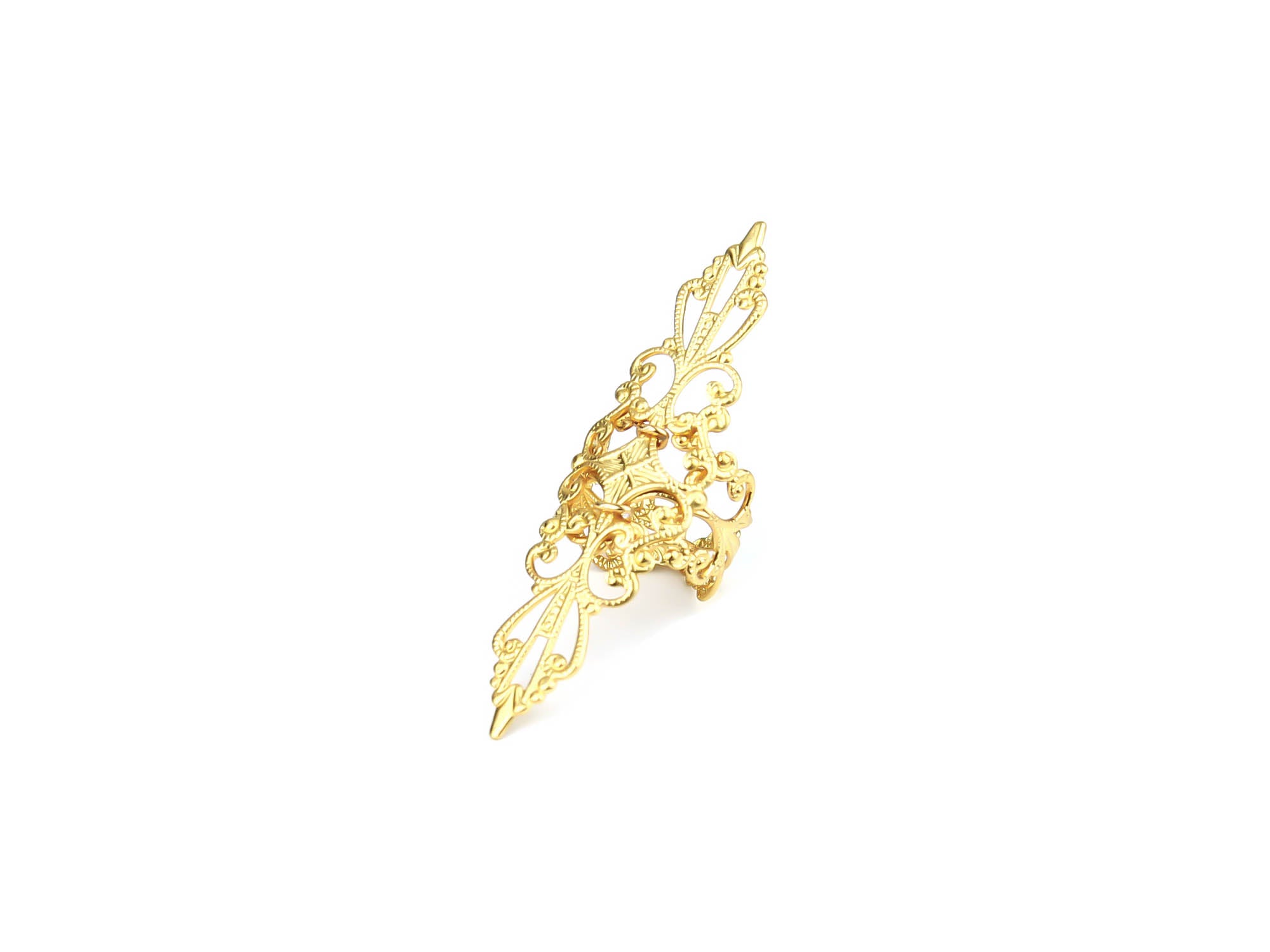 A dazzling gold armor ring adorned with an elaborate gothic filigree pattern, ideal for those who love bold and avant-garde accessories.