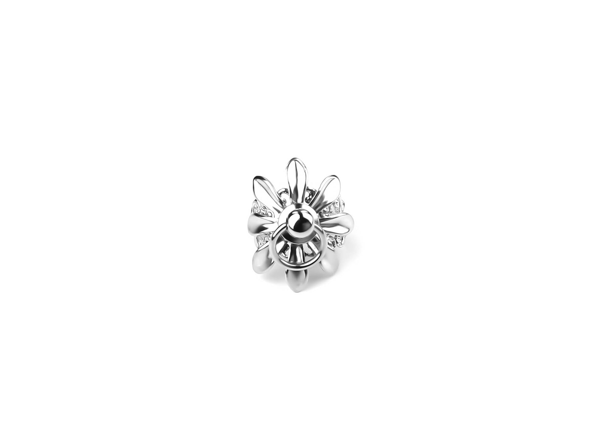 An exquisite Myril Jewels Floral ring, featuring a polished silver finish and intricate, floral-inspired details as well as a o-ring stud in the middle, stands out on a clean white background. This handcrafted Italian piece merges gothic flair with avant-garde style, ideal for enthusiasts of unique, statement jewelry with an alternative edge.