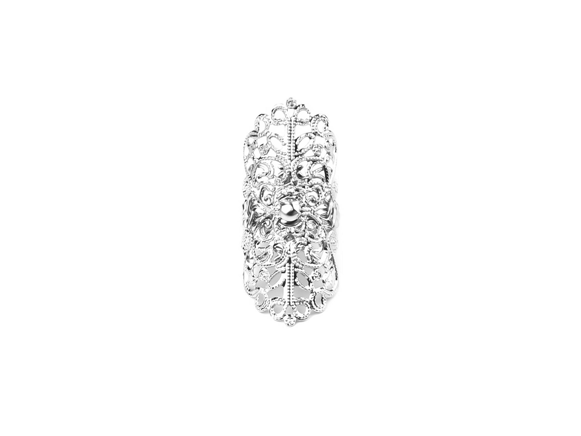 An intricate oval gothic ring from Myril Jewels is presented, exuding neo-gothic elegance. The ring's detailed pattern is perfect for those seeking bold, Halloween or festival jewelry with a dark, avant-garde twist. This piece, ideal for everyday wear or as a standout accessory for drag queens, is a superb gift for the goth girlfriend or friends who favor whimsigoth and witchcore aesthetics.