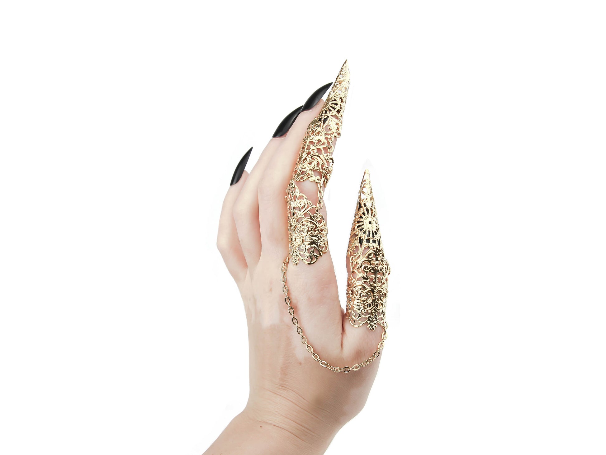 A hand showcases Myril Jewels' gothic full-finger double rings, extending into intricate claw designs over each fingertip. The gold claw rings are connected by delicate chains, exemplifying neo-goth jewelry craftsmanship. This statement piece is perfect for those seeking a dark, avant-garde accessory, suitable for Halloween, punk fashion, or to add a touch of gothic-chic to any outfit, epitomizing the edgy essence of Myril Jewels