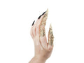 A hand showcases Myril Jewels' gothic full-finger double rings, extending into intricate claw designs over each fingertip. The gold claw rings are connected by delicate chains, exemplifying neo-goth jewelry craftsmanship. This statement piece is perfect for those seeking a dark, avant-garde accessory, suitable for Halloween, punk fashion, or to add a touch of gothic-chic to any outfit, epitomizing the edgy essence of Myril Jewels