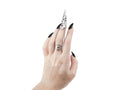 A hand adorned with Myril Jewels' intricate silver claw ring extends in a dramatic gesture, its dark avant-garde design complementing the bold black nail polish. Perfect for those with a love for Neo Gothic, Witchcore, and Gothic-chic styles, this ring is a statement piece for everyday wear and special occasions, including Halloween. Its craftsmanship and style cater to the unique tastes of punk and gothic lolita fashion enthusiasts