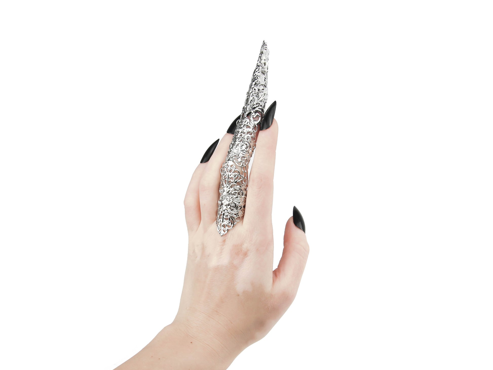 An elegant hand models a Myril Jewels full finger claw ring with a sleek long nail claw, epitomizing dark avant-garde style. This piece blends Neo Gothic and Halloween Jewelry aesthetics, perfect for gothic-chic fashion lovers seeking bold, everyday wear or dramatic festival accents