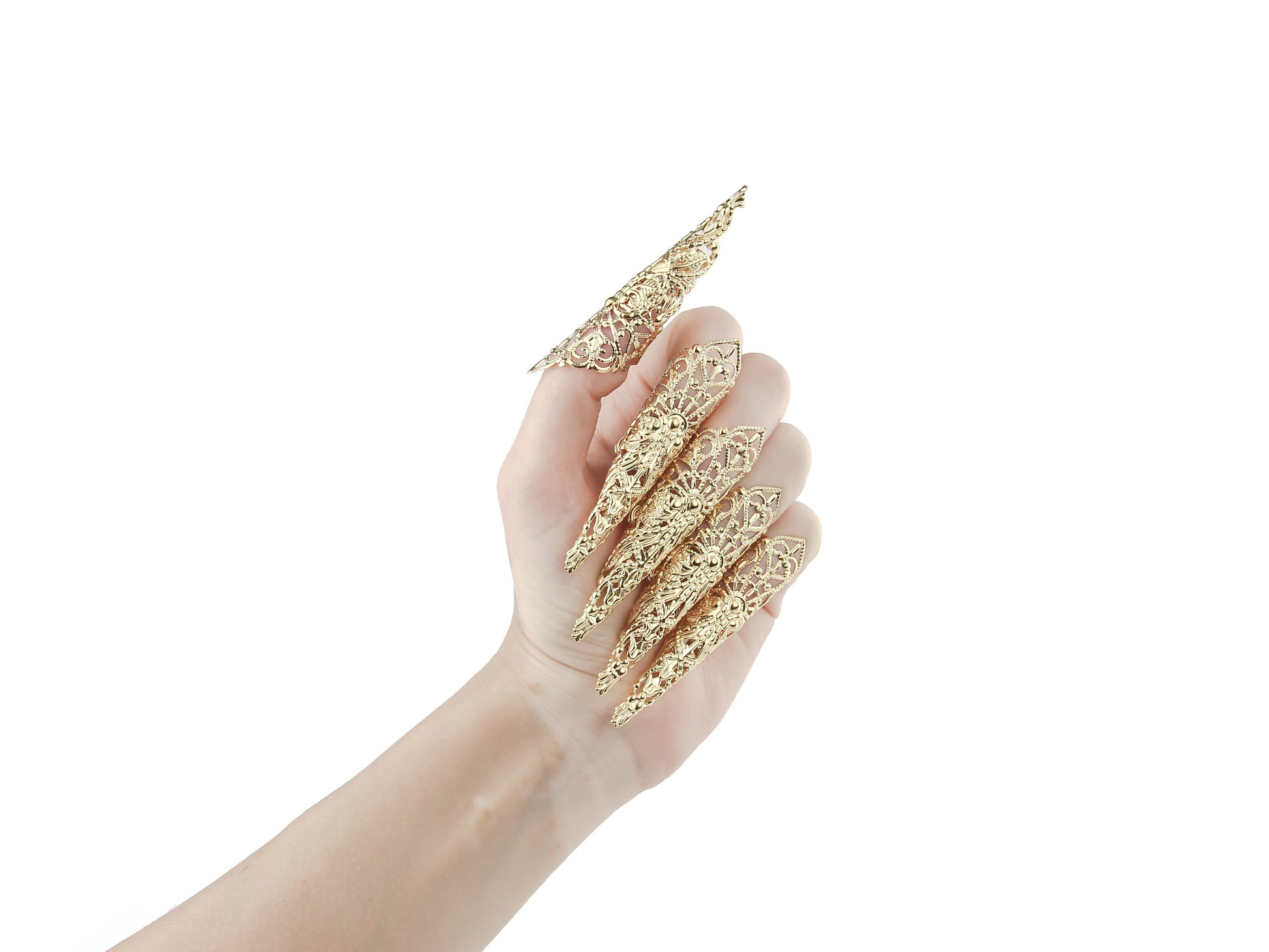 Showcasing Myril Jewels' signature full hand set of extra-long gold nail claw rings, this image captures the essence of neo-gothic finesse. Ideal for those embracing gothic-chic, whimsigoth, or witchcore styles, these claws make for an unforgettable accessory for Halloween, festivals, or as a striking gift.