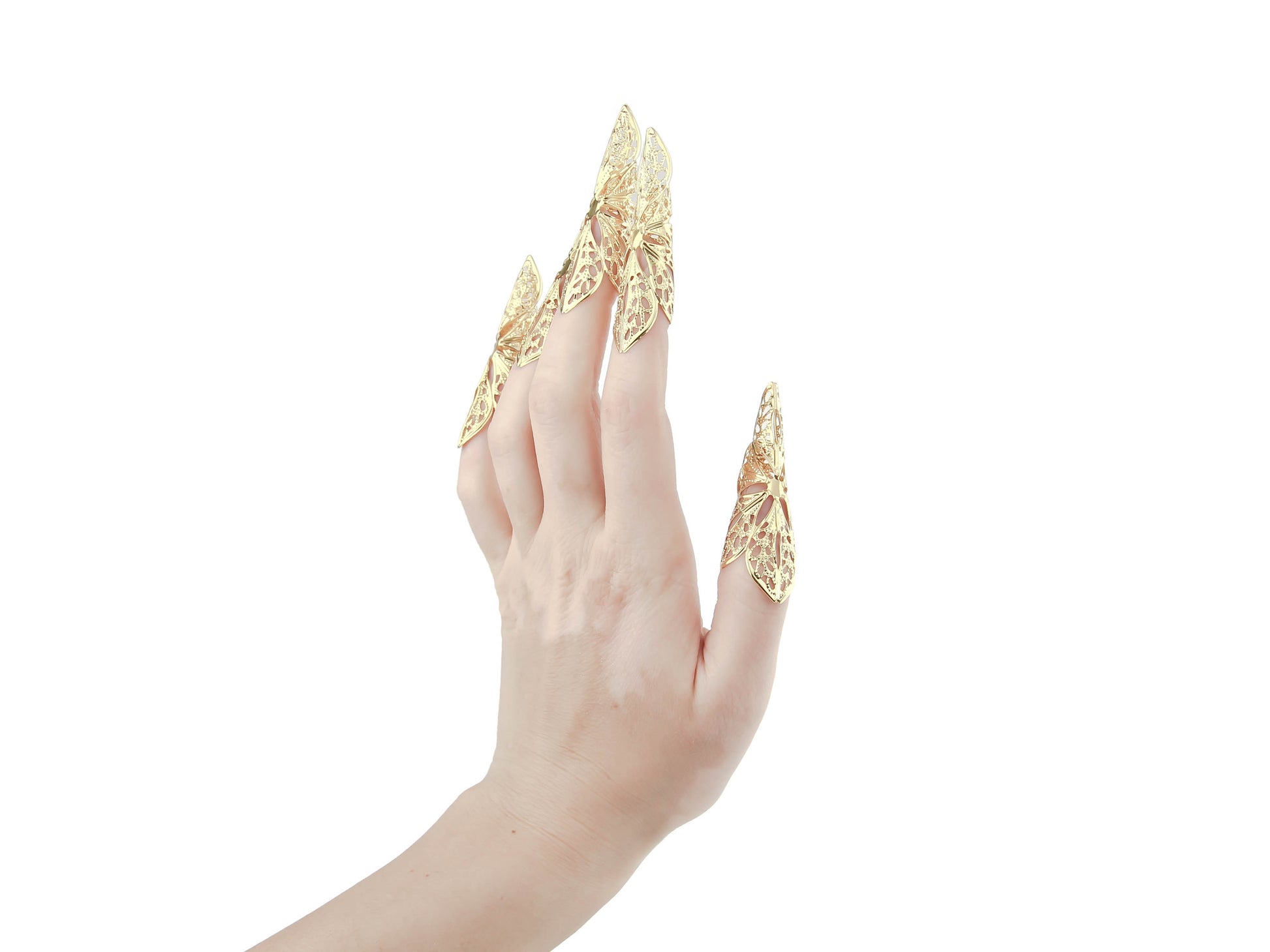 Elegant long nail claws by Myril Jewels exude a neo-goth charm, perfect for those with a penchant for dark, avant-garde accessories. Ideal for Halloween, these gold claw-like pieces are also suited for punk and whimsigoth aesthetics, making a bold statement at raves and festivals, or as a striking gift for the goth girlfriend.