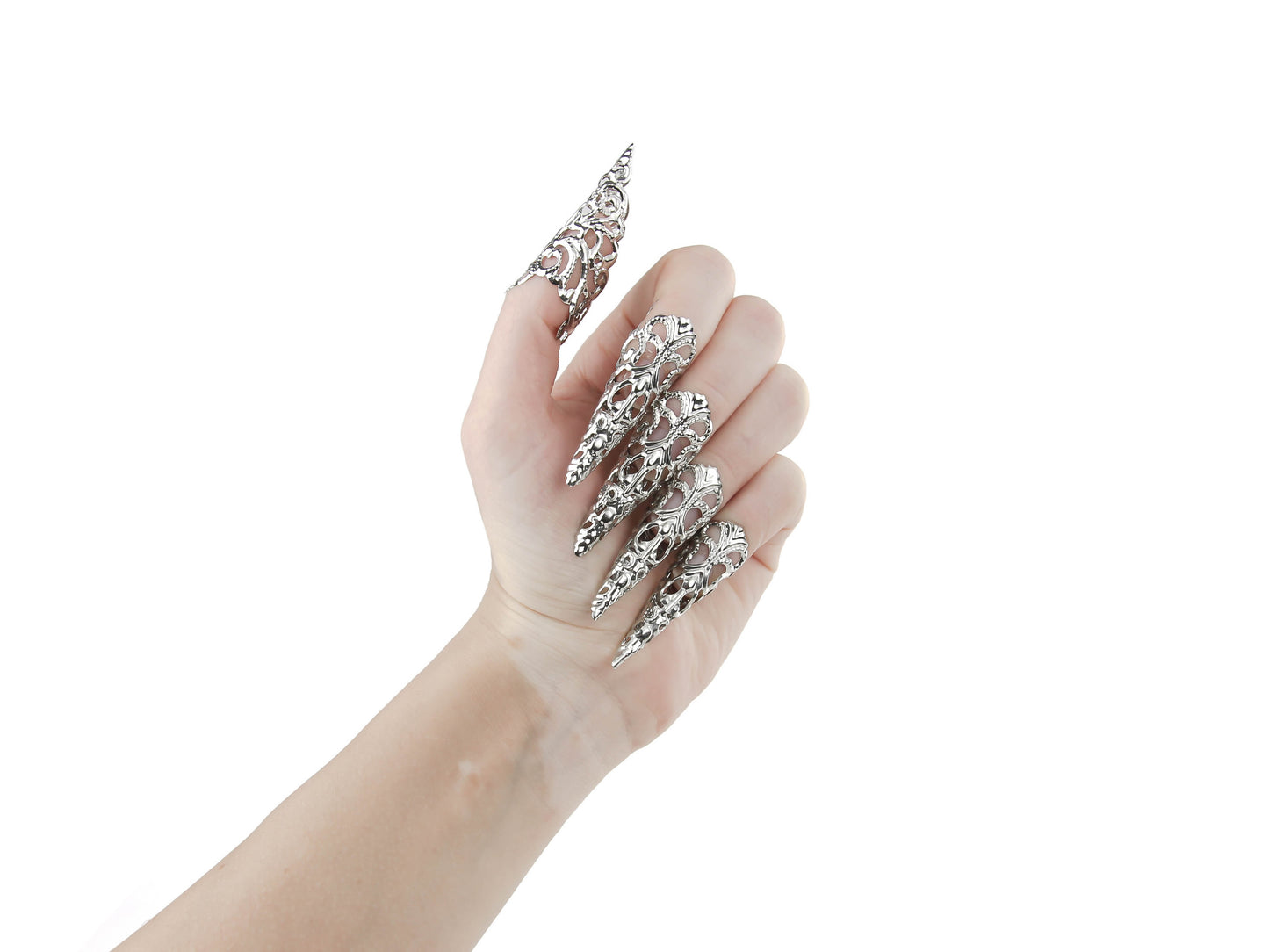 Dramatic long silver finger claws jewelry, capturing Myril Jewels' signature neo-gothic style. These silver filigree claws are perfect for Halloween, complementing gothic-chic and whimsigoth aesthetics. Ideal for avant-garde daily wear or as a statement piece for drag queens and festival attire.