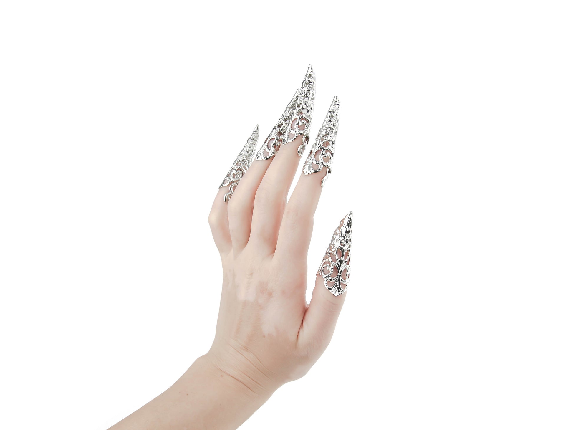 Dramatic long silver finger claws jewelry, capturing Myril Jewels' signature neo-gothic style. These silver filigree claws are perfect for Halloween, complementing gothic-chic and whimsigoth aesthetics. Ideal for avant-garde daily wear or as a statement piece for drag queens and festival attire.