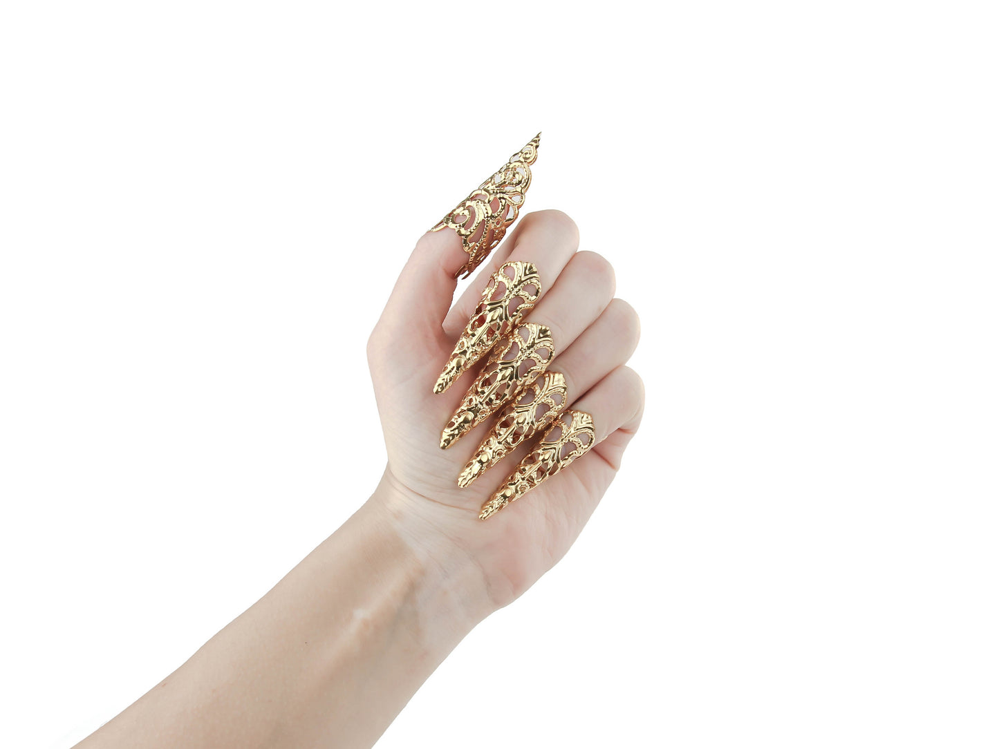Elevate your style with Myril Jewels' long gold finger claws, the epitome of neo-gothic luxury. Ideal for goth and whimsigoth aficionados, these gold claws are a must-have for creating a bold statement at Halloween events, rave parties, or as an edgy, everyday wear piece for the goth girlfriend or trendsetting friend