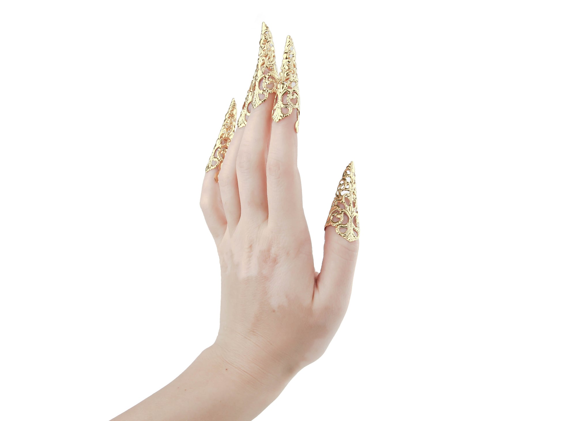 Elevate your style with Myril Jewels' long gold finger claws, the epitome of neo-gothic luxury. Ideal for goth and whimsigoth aficionados, these gold claws are a must-have for creating a bold statement at Halloween events, rave parties, or as an edgy, everyday wear piece for the goth girlfriend or trendsetting friend