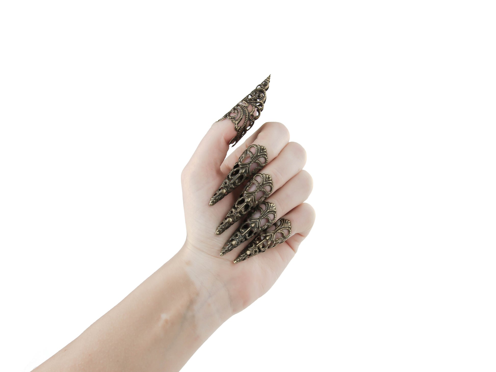 Elegant long bronze finger claws jewelry by Myril Jewels, showcasing a neo-gothic design perfect for those with a dark, avant-garde fashion sense. Ideal for Halloween, they're a goth-chic accessory for everyday wear, festivals, and rave parties. A bold gift for the goth girlfriend or a unique friend