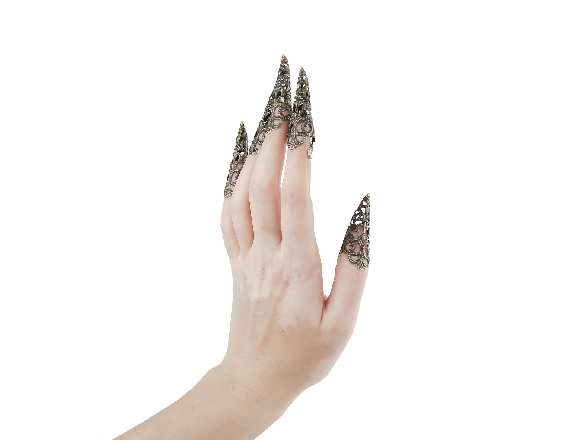 Elegant long bronze finger claws jewelry by Myril Jewels, showcasing a neo-gothic design perfect for those with a dark, avant-garde fashion sense. Ideal for Halloween, they're a goth-chic accessory for everyday wear, festivals, and rave parties. A bold gift for the goth girlfriend or a unique friend