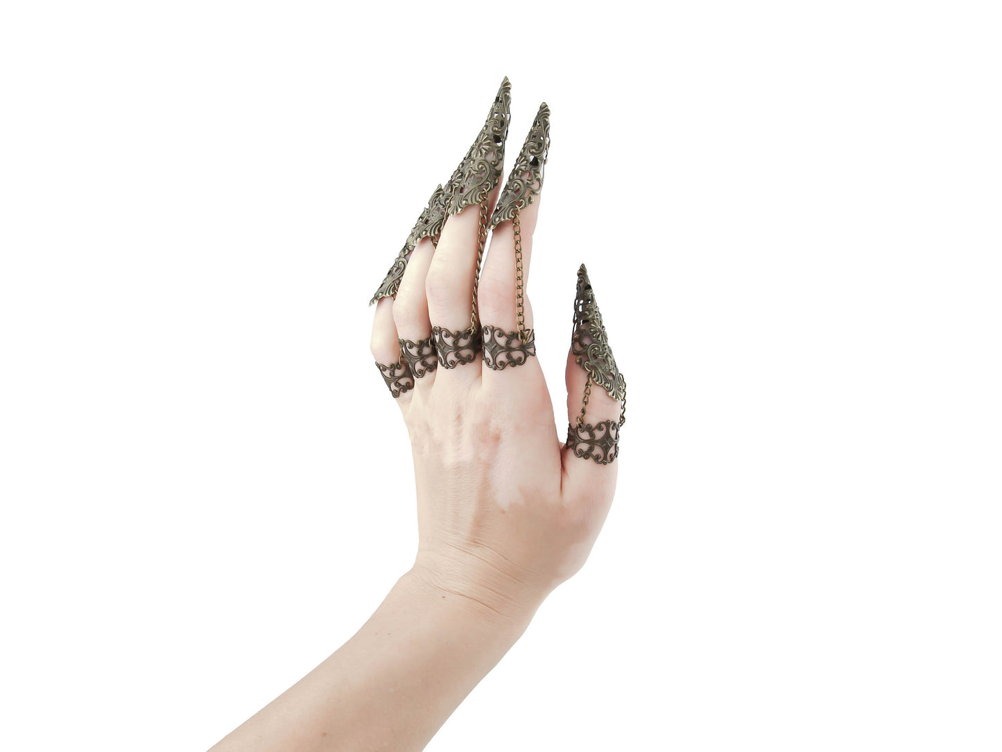 A bold and intricate full hand set of armored claw rings from Myril Jewels, designed for those who revel in dark-avantgarde and gothic fashion. These handcrafted bronze nail claws are perfect for anyone with a love for Neo Gothic, Gothic Lolita, or Witchcore aesthetics, making them a striking choice for Halloween, punk events, or as an everyday statement piece