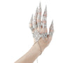 An elegant silver full hand metal glove with intricate claw rings creates a striking silhouette against a white background, a signature Myril Jewels design. This dark, avant-garde accessory embodies neo-gothic luxury, perfect for gothic, Witchcore, and punk fashion enthusiasts seeking bold jewelry statements