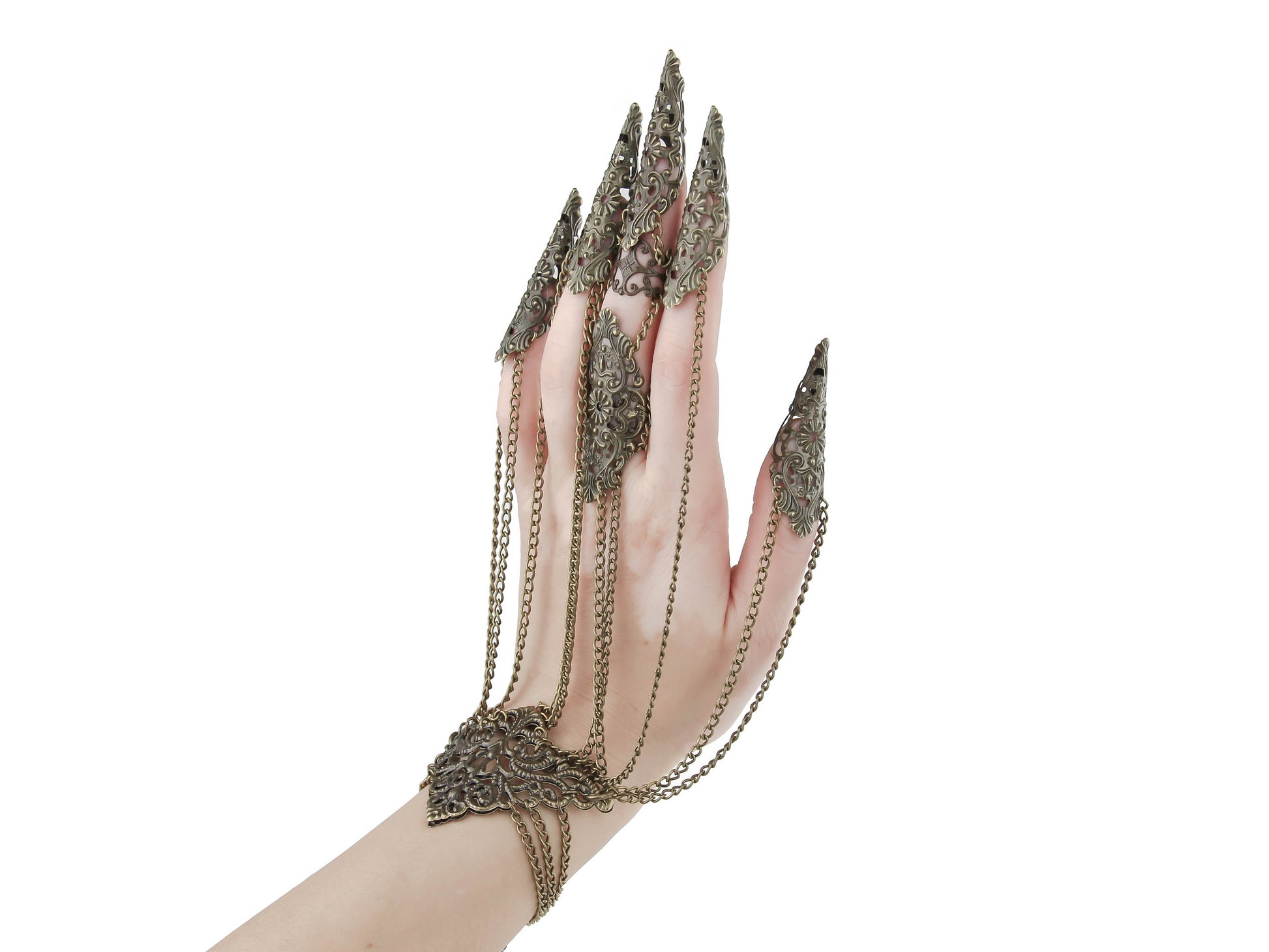 An elevated hand displays a striking Myril Jewels bronze hand chain bracelet with elaborate claws, fusing dark avant-garde with neo-gothic flair. Ideal for those who adore gothic-chic style, this piece adds a dramatic touch to any ensemble, be it for Halloween, festival wear, or as an everyday statement.