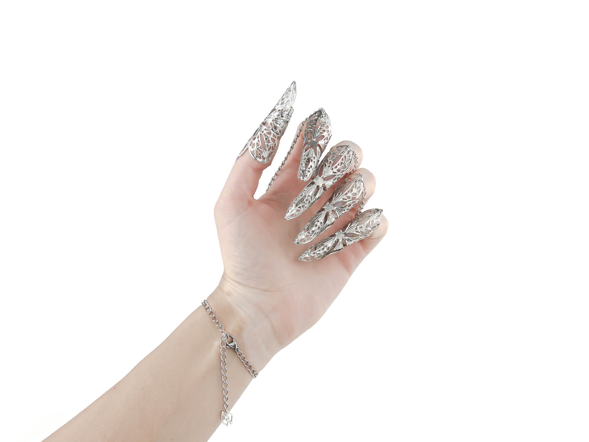 Dramatic hand chain bracelet with claws from Myril Jewels, merging dark elegance with neo-goth craftsmanship. A perfect fit for Halloween enthusiasts or a standout piece for a minimal goth look, adding a whimsical gothic-chic edge to festival wear or as a bold gift for the goth girlfriend.