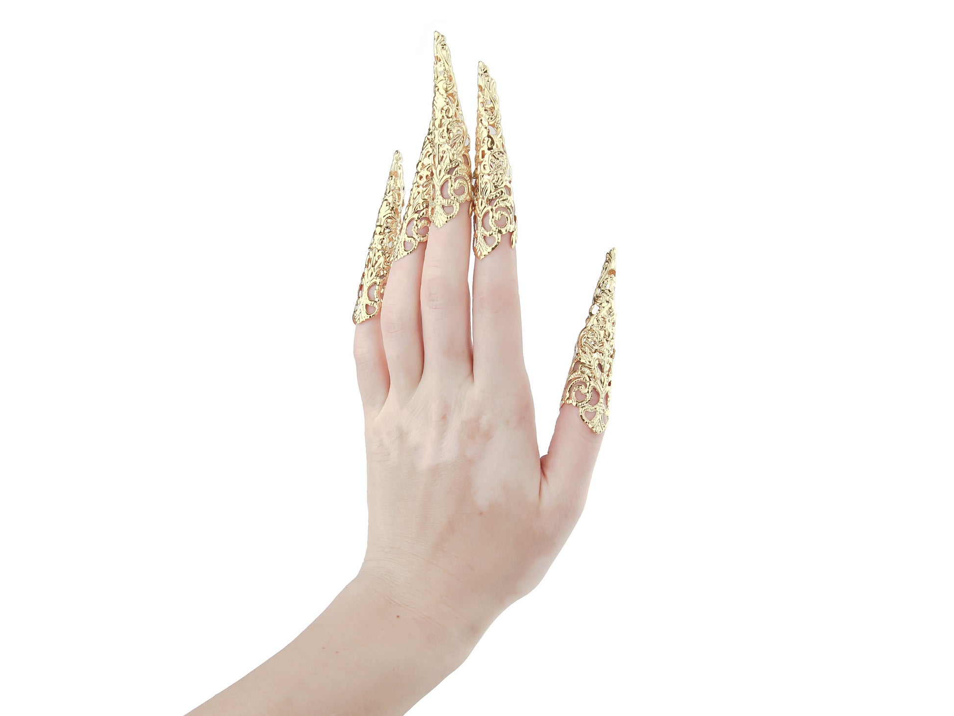 A full hand set of Myril Jewels' extra long gold nail claws presents an opulent neo-goth touch for enthusiasts of dark, avant-garde fashion. This striking collection is ideal for Halloween, punk styles, and whimsigoth fans, offering a bold complement to rave party attire or as a statement piece for the fashion-forward goth girlfriend.