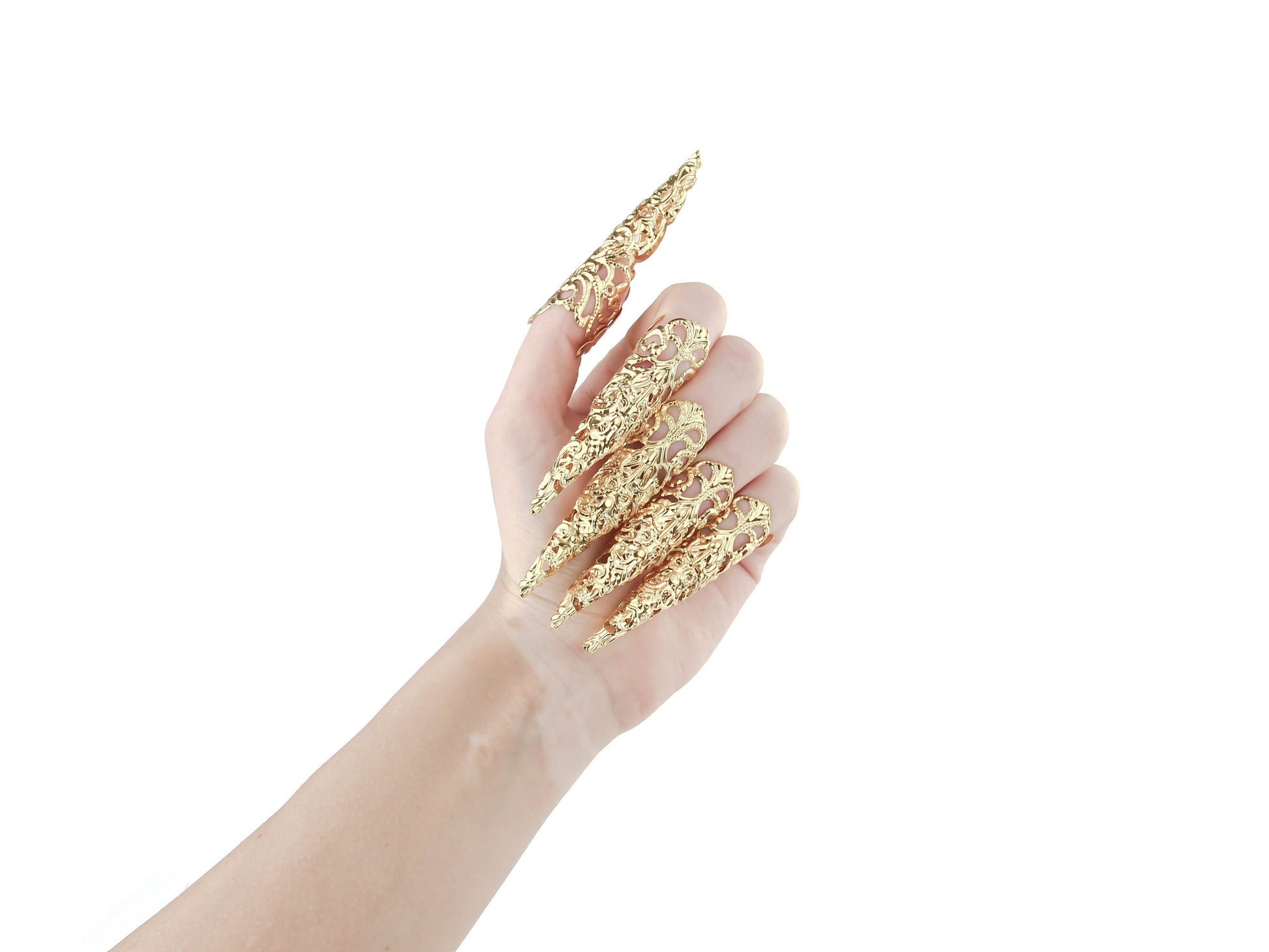 Showcasing Myril Jewels' signature full hand set of extra-long gold nail claw rings, this image captures the essence of neo-gothic finesse. Ideal for those embracing gothic-chic, whimsigoth, or witchcore styles, these claws make for an unforgettable accessory for Halloween, festivals, or as a striking gift.