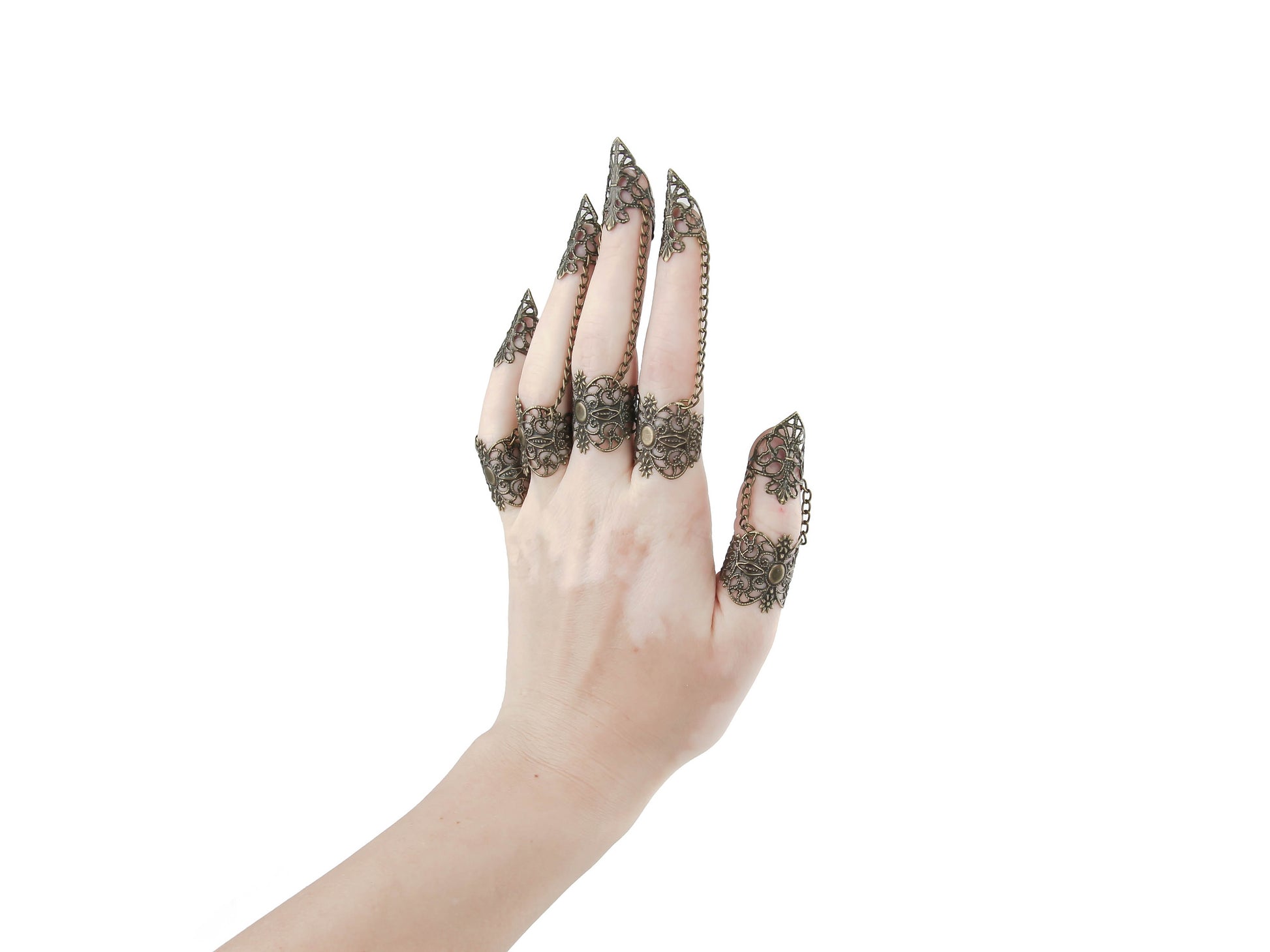 Unveil your inner goth with Myril Jewels' full hand set of intricate bronze rings, each culminating in a striking nail claw. These neo-gothic treasures, perfect for Halloween, embody a bold statement for punk jewelry lovers and those with a witchcore flair, offering a unique touch to any drag queen jewel collection or as a standout goth girlfriend gift