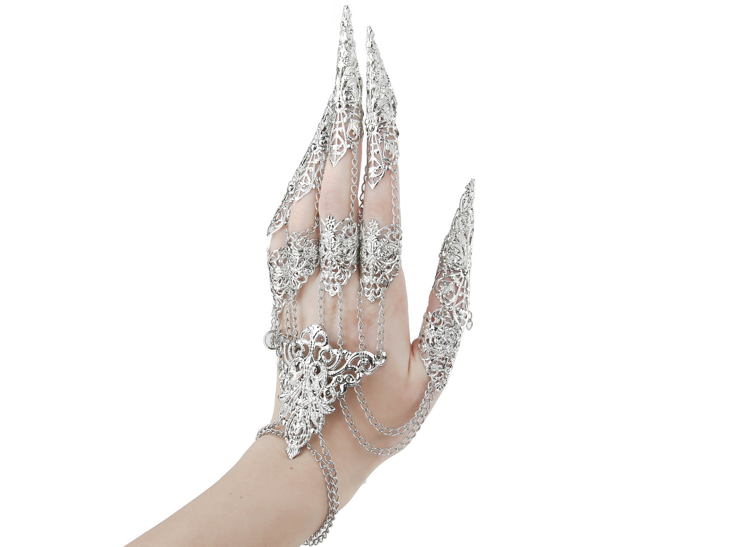 Gothic-inspired hand jewelry showcasing ornate silver filigree work with claw-like tips, designed for a bold dark fashion statement. The metal glove features elaborate chain links and a detailed, lace-like pattern, ideal for accessorizing in goth style.