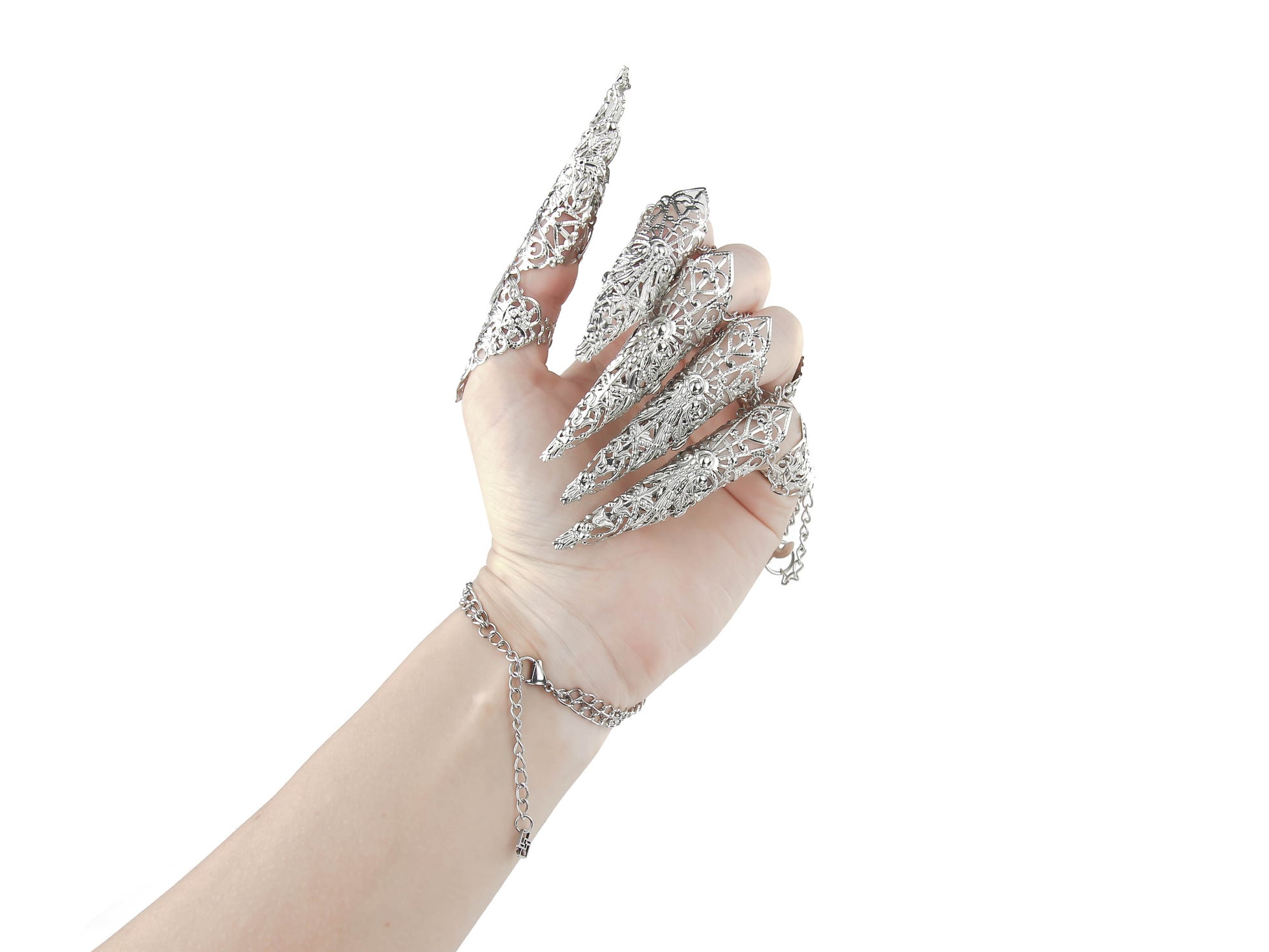 An intricate goth-style silver glove with chain-linked, claw-tipped finger claws, embodying the essence of dark fashion. The elaborate gothic jewelry piece is perfect for adding a dramatic touch to any ensemble, reflecting a sophisticated yet edgy aesthetic.
