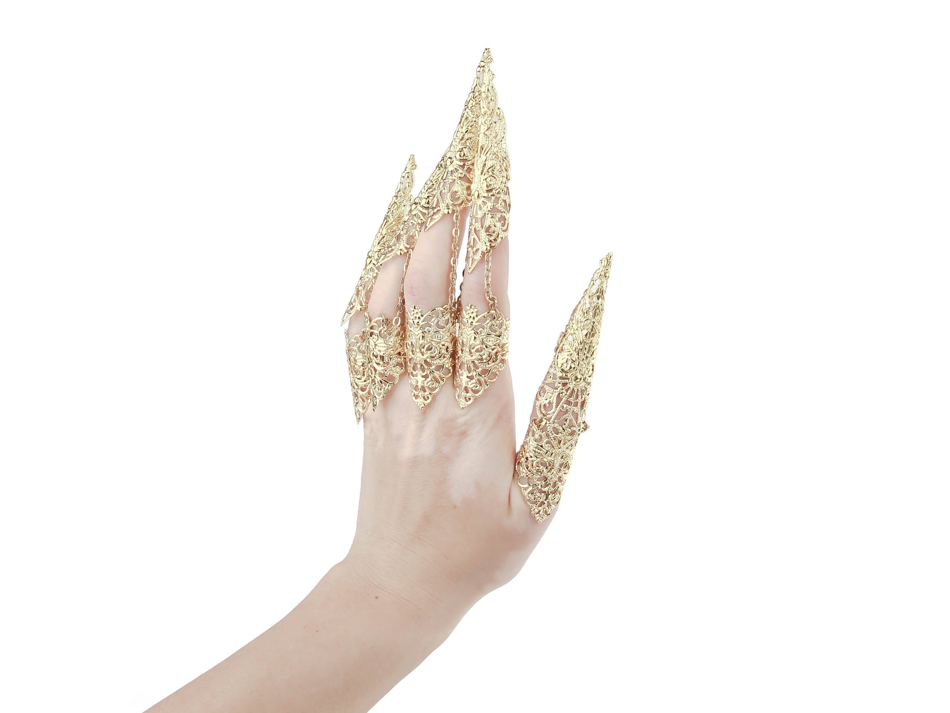 A hand showcases a full set of Myril Jewels' armored rings, each extending into long, ornate claws that embody the essence of neo-gothic artistry. These gold claw rings, perfect for gothic, punk, and witchcore enthusiasts, are versatile for Halloween, everyday dark avant-garde fashion, and standout pieces for rave or festival wear, as well as bold drag queen statements.