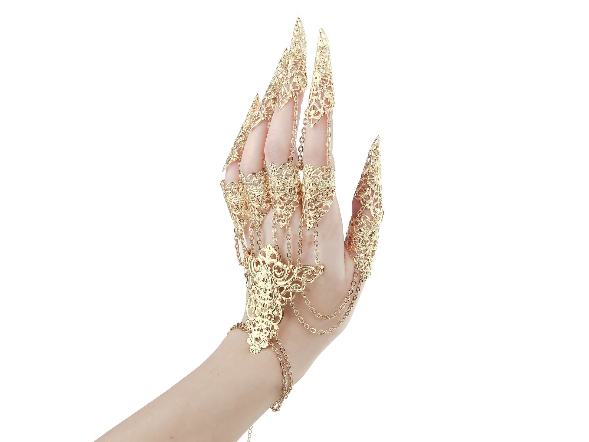 A striking metal glove adorned with gold finger claw rings from Myril Jewels, epitomizing dark, avant-garde style. Perfect for gothic and alternative fashion enthusiasts, ideal for making a bold statement at Halloween events, rave parties, or as an edgy everyday accessory.
