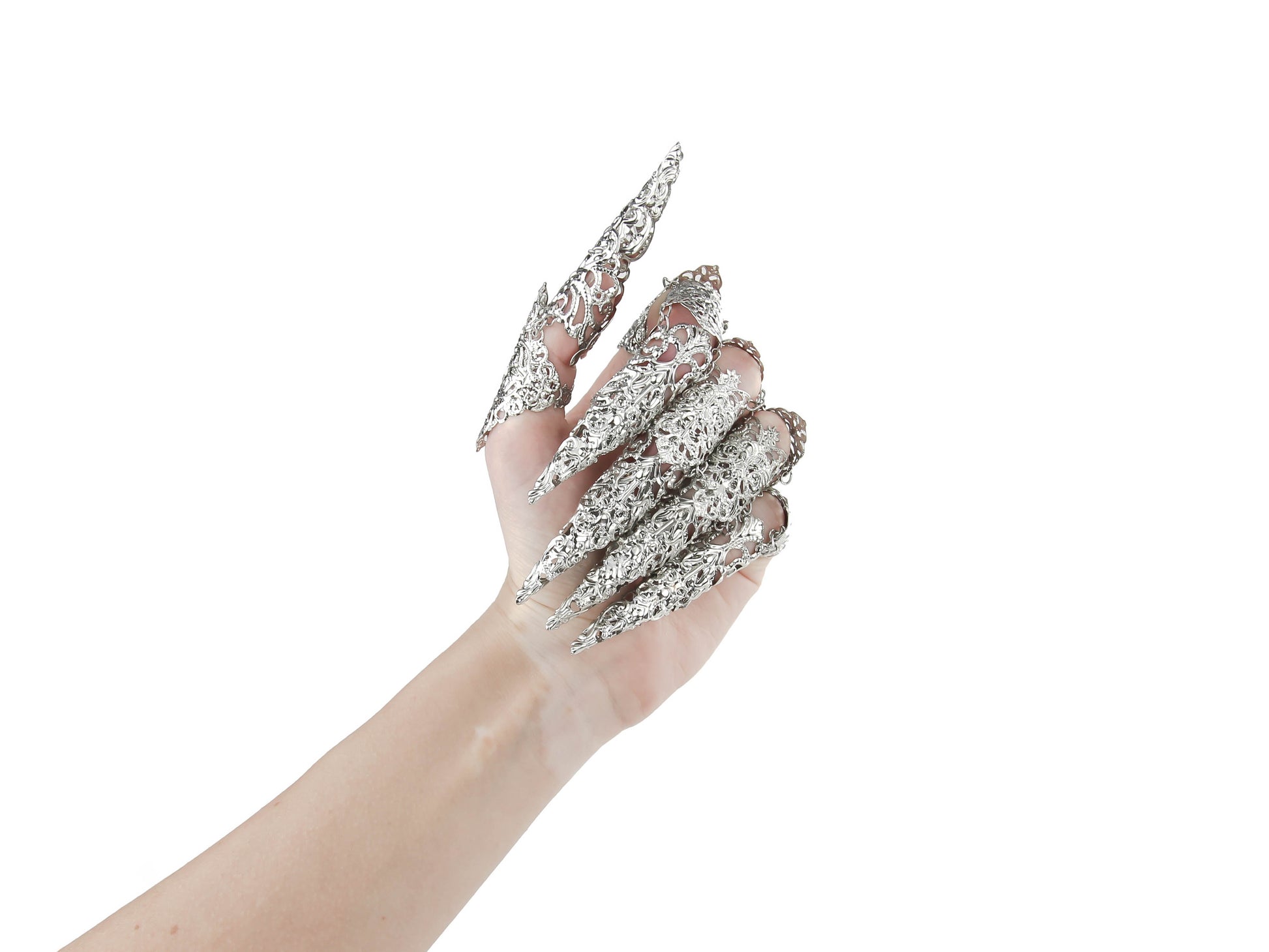 Elegant and edgy hand accessory from Myril Jewels, showcasing a full set of silver full finger claw rings with elongated nail claws, intricately designed for a bold neo gothic look. Ideal for gothic-chic enthusiasts, this handcrafted piece embodies dark avant-garde aesthetics, perfect as a standout Halloween or festival jewel, or a unique goth girlfriend gift.