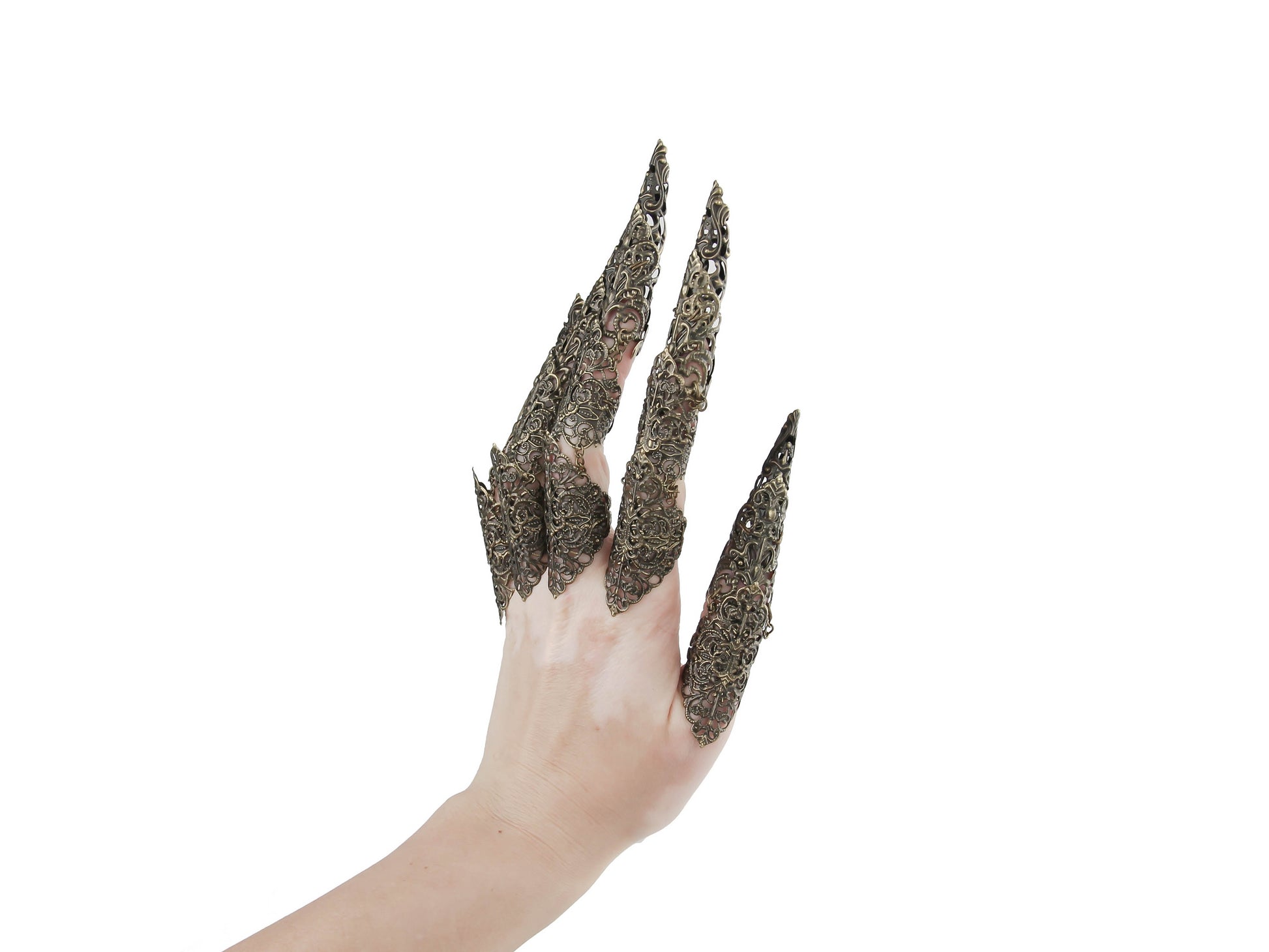 A hand adorned with a full set of bronze full-finger claw rings, designed by Myril Jewels, extends dramatically against a white backdrop. The intricate rings, resembling long nail claws, encapsulate a neo-gothic aesthetic, perfect for those who love bold, gothic-chic jewelry. Ideal for Halloween, festival occasions, or as a standout everyday accessory for the goth girlfriend or friend